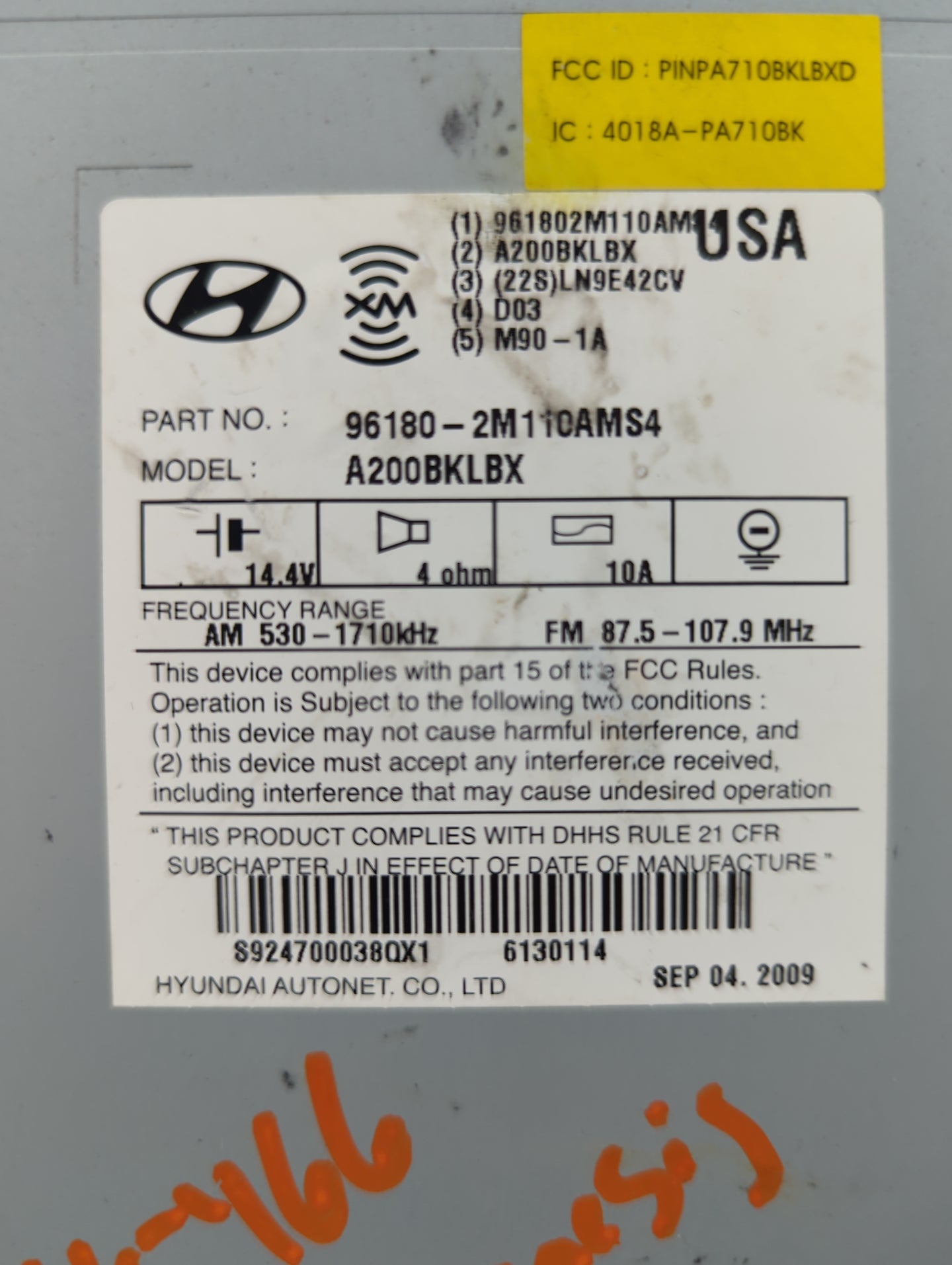 2009-2010 Hyundai Genesis Radio AM FM Cd Player Receiver Replacement P/N:96180-2M110AMS4 A200BKLBX Fits Fits 2009 2010 OEM U