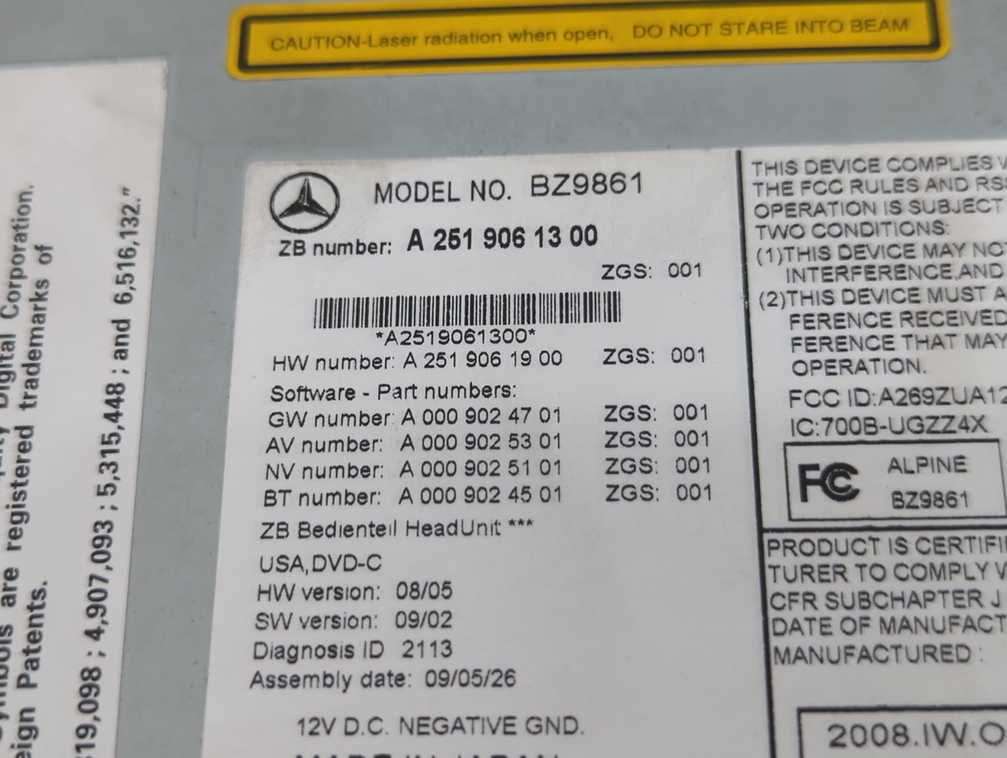 2010 Lexus Rc350 Radio AM FM Cd Player Receiver Replacement P/N:BZ9861 A 251 906 13 00 Fits OEM Used Auto Parts - Oemusedaut