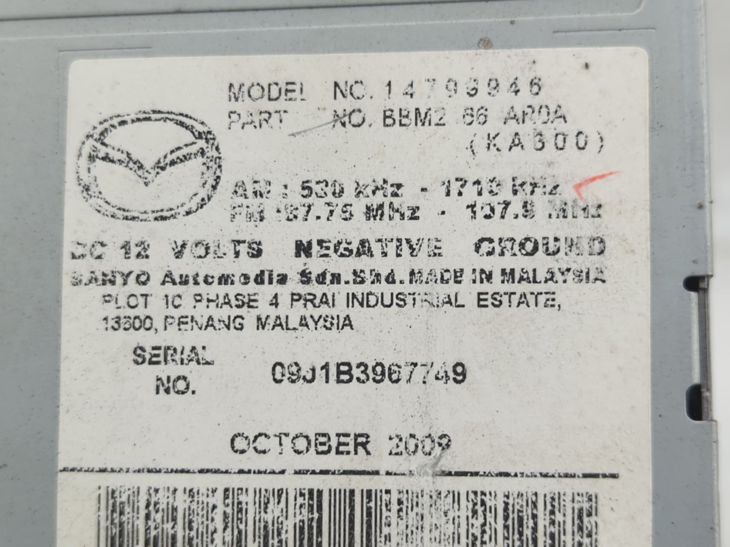 2010 Mazda 3 Radio AM FM Cd Player Receiver Replacement P/N:14799946 Fits OEM Used Auto Parts - Oemusedautoparts1.com