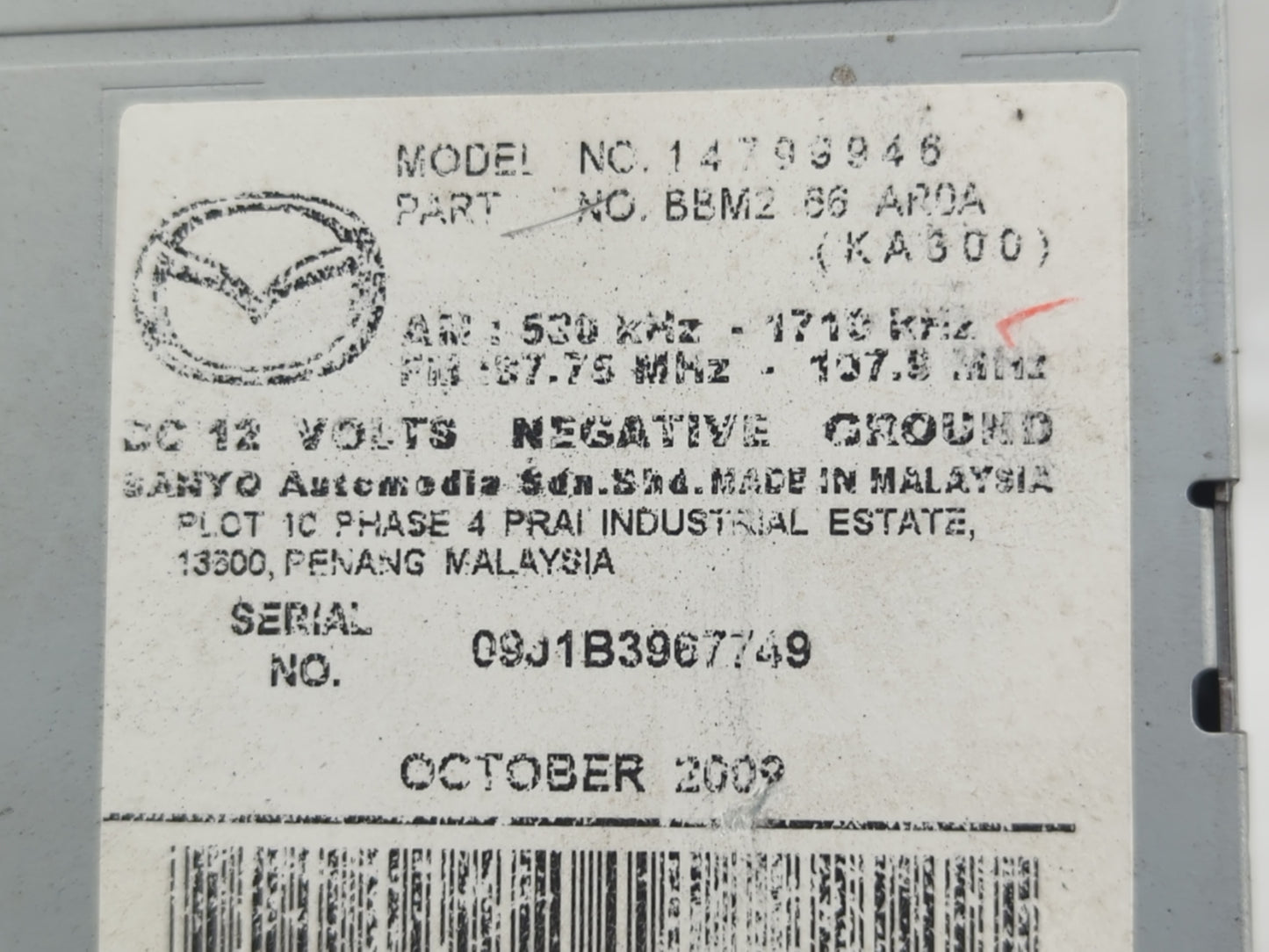 2010 Mazda 3 Radio AM FM Cd Player Receiver Replacement P/N:14799946 Fits OEM Used Auto Parts - Oemusedautoparts1.com