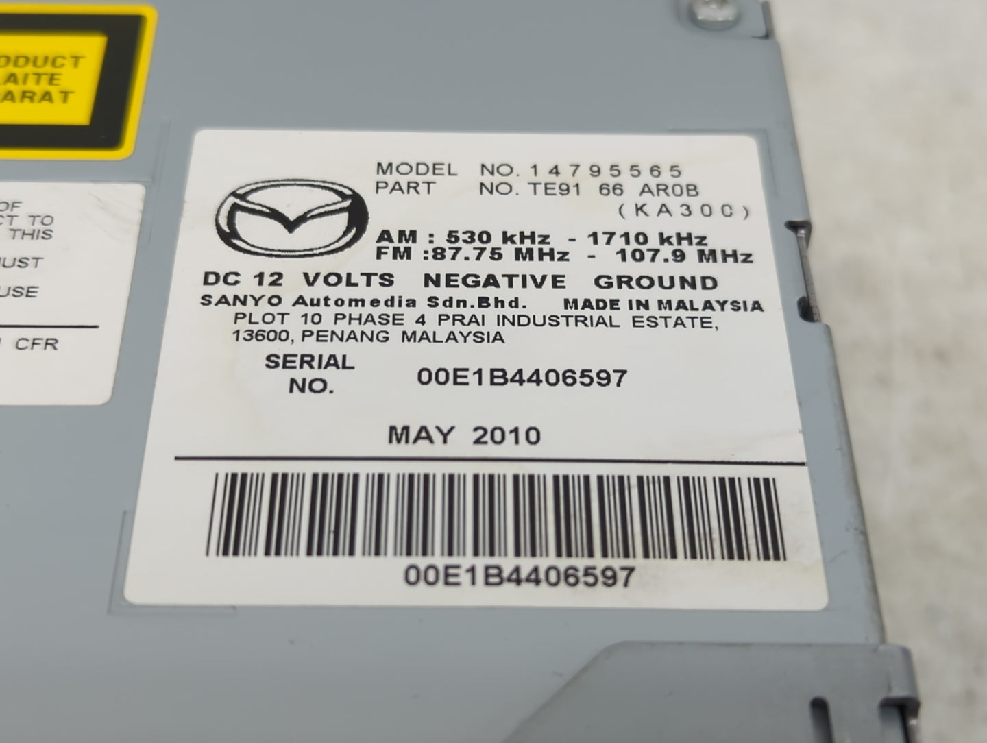 2010 Mazda Cx-9 Radio AM FM Cd Player Receiver Replacement P/N:14795565 Fits OEM Used Auto Parts - Oemusedautoparts1.com