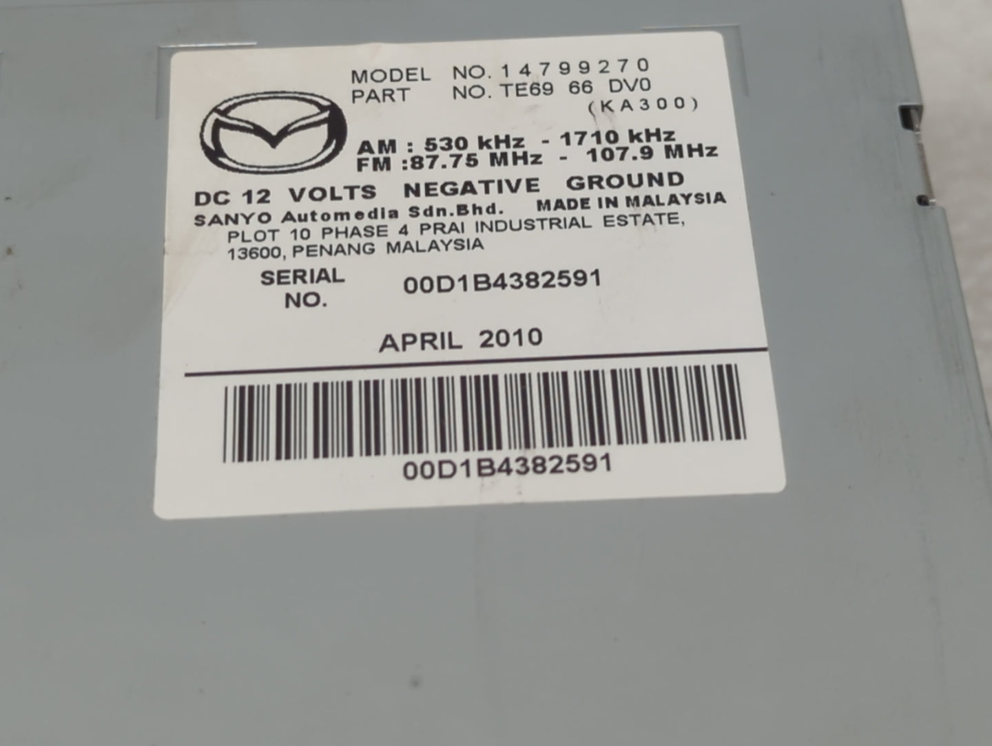 2010 Mazda Cx-9 Radio AM FM Cd Player Receiver Replacement P/N:TE69 66 DV0 Fits OEM Used Auto Parts - Oemusedautoparts1.com