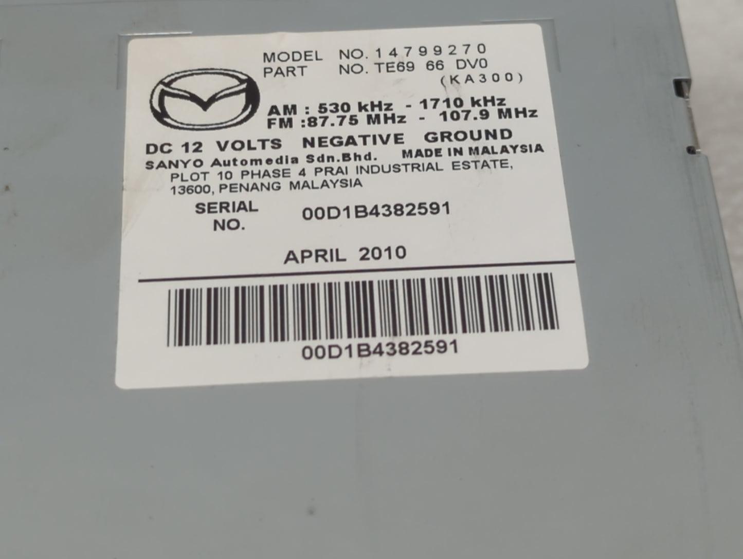 2010 Mazda Cx-9 Radio AM FM Cd Player Receiver Replacement P/N:TE69 66 DV0 Fits OEM Used Auto Parts - Oemusedautoparts1.com
