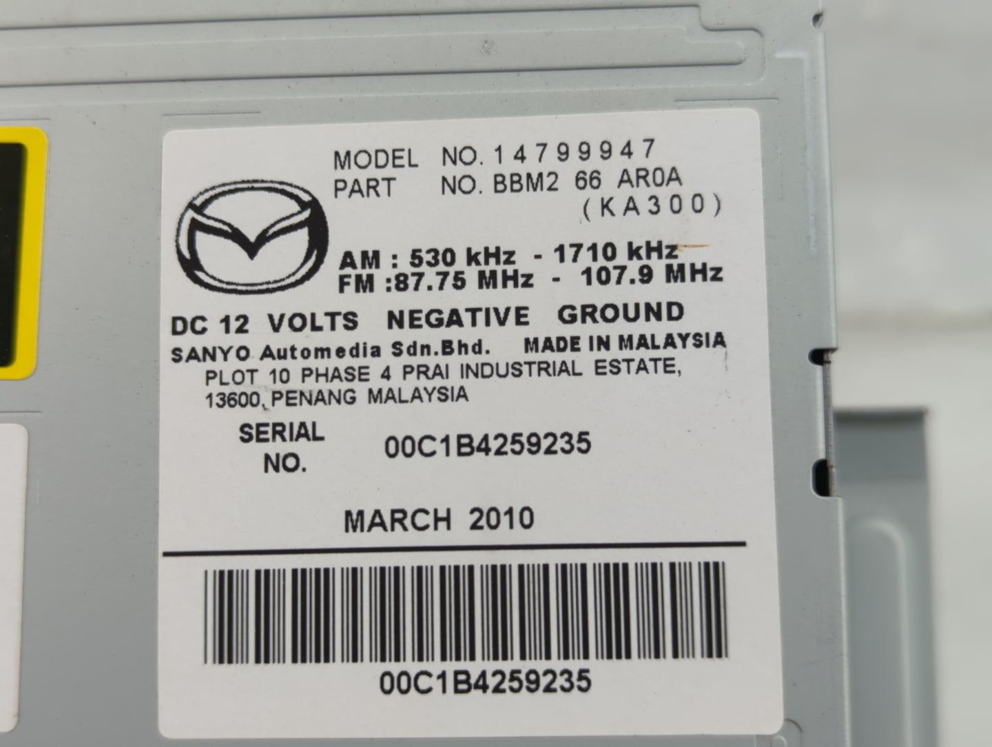 Mazda Mazda3 Tuner Satellite Receiver 14799947|bbm266ar0a - Oemusedautoparts1.com