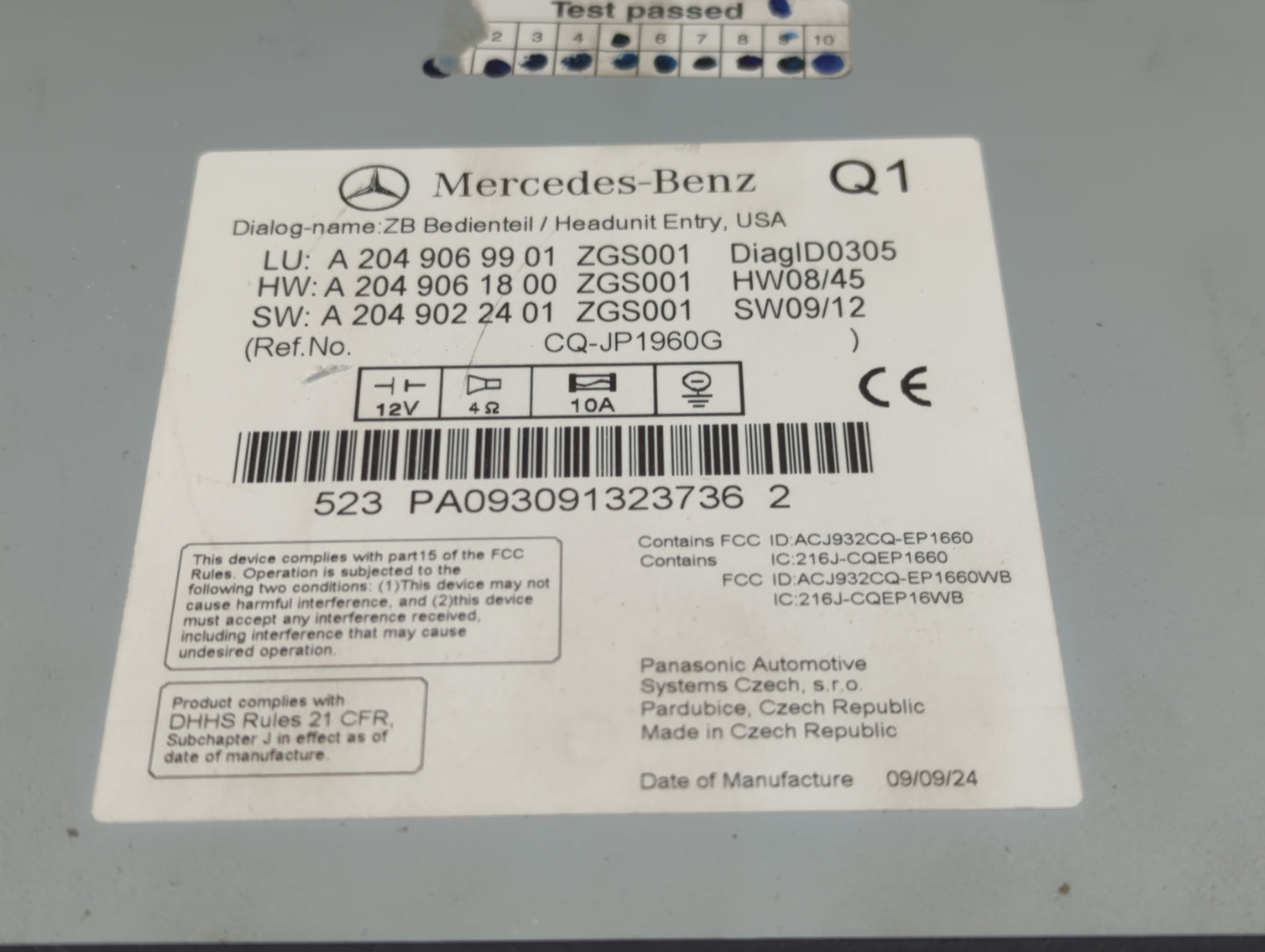 2010 Mercedes-Benz C-Class Radio AM FM Cd Player Receiver Replacement P/N:A2049069901 A2049061800, A2049022401, CQ-JP1960G F