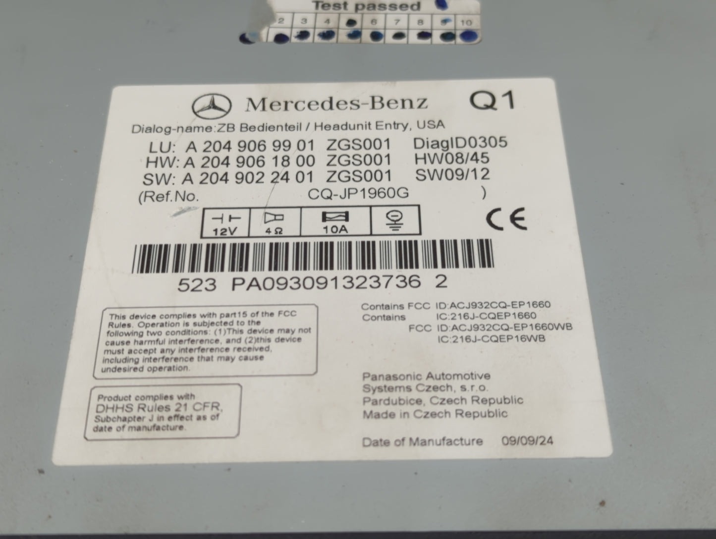 2010 Mercedes-Benz C-Class Radio AM FM Cd Player Receiver Replacement P/N:A2049069901 A2049061800, A2049022401, CQ-JP1960G F