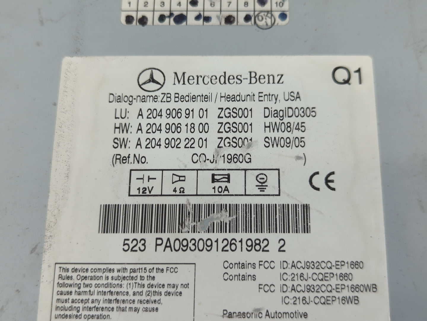 2010 Mercedes-Benz C300 Radio AM FM Cd Player Receiver Replacement P/N:A 204 906 91 01 PA093091261982 Fits OEM Used Auto Par