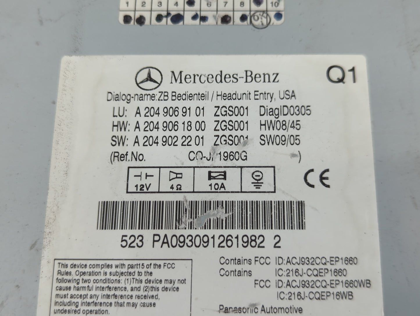 2010 Mercedes-Benz C300 Radio AM FM Cd Player Receiver Replacement P/N:A 204 906 91 01 PA093091261982 Fits OEM Used Auto Par