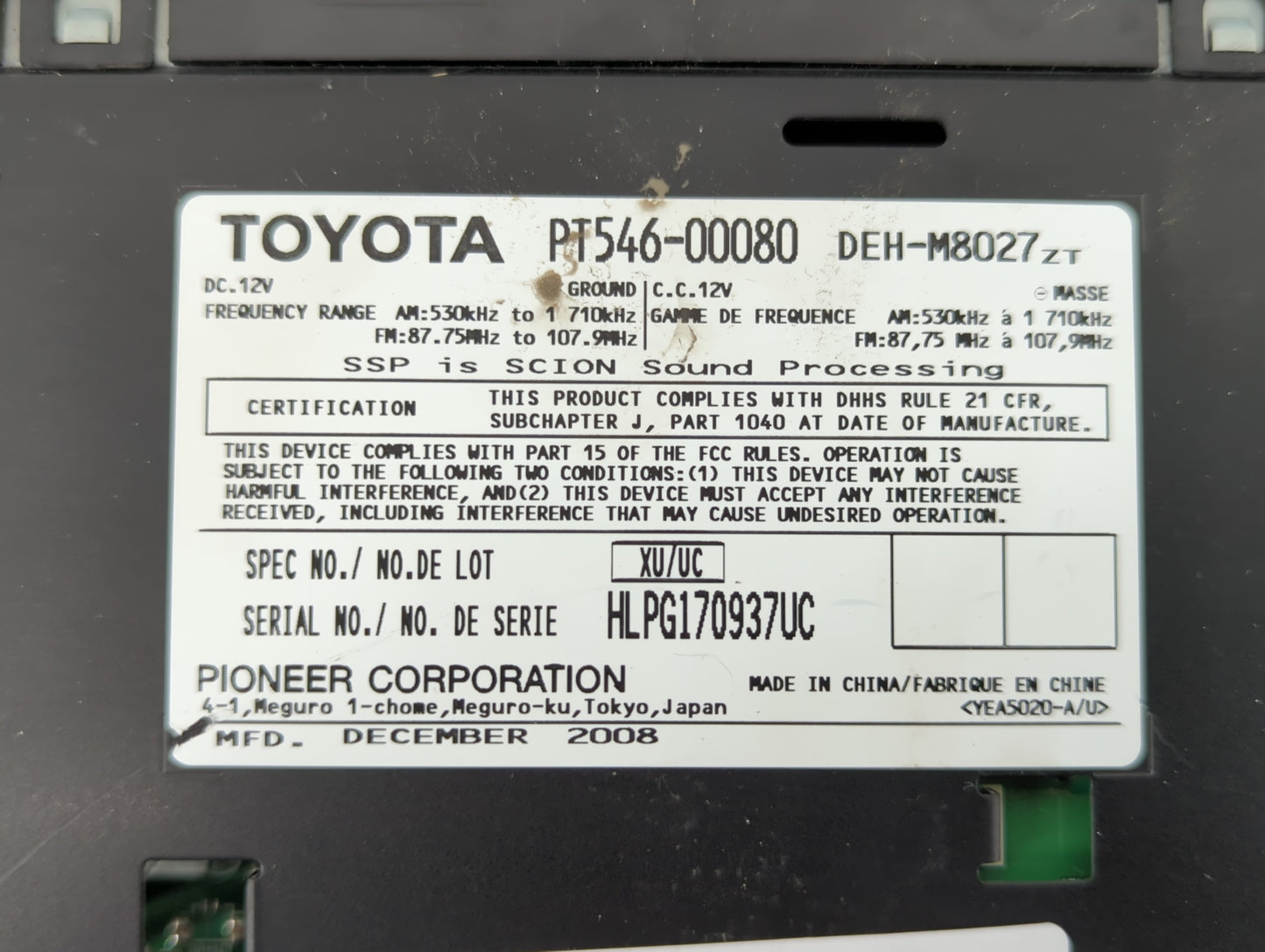 2008-2010 Scion Tc Radio AM FM Cd Player Receiver Replacement P/N:PT546-00080 Fits Fits 2008 2009 2010 2011 2012 2013 2014 O