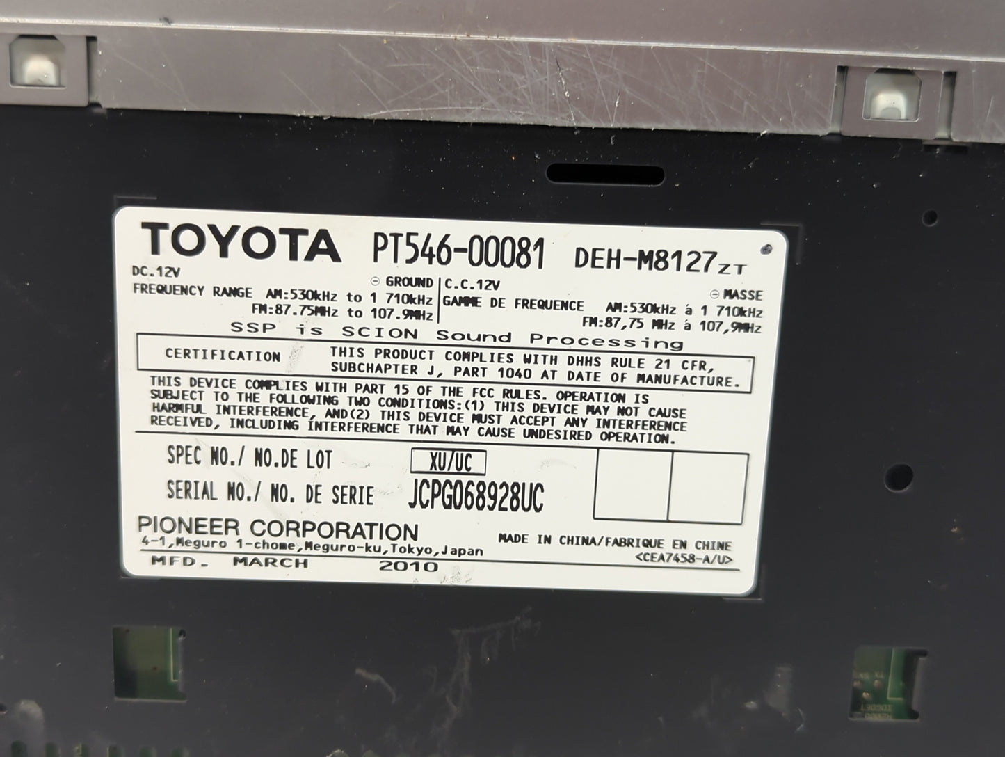 2006-2010 Scion Tc Radio AM FM Cd Player Receiver Replacement P/N:PT546-00081 Fits OEM Used Auto Parts - Oemusedautoparts1.c