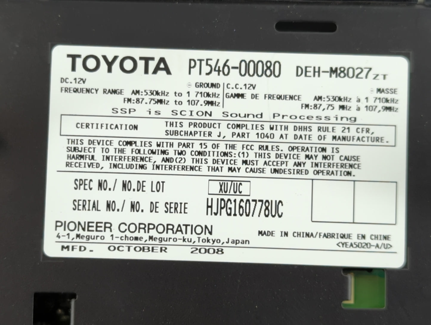 2008-2010 Scion Tc Radio AM FM Cd Player Receiver Replacement P/N:PT546-00080 Fits Fits 2008 2009 2010 2011 2012 2013 2014 O