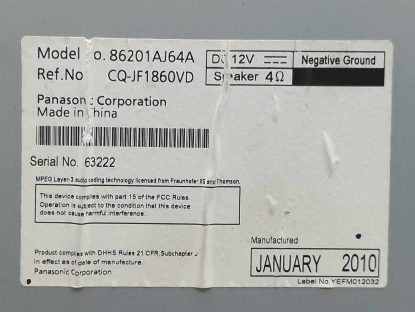 2010-2012 Subaru Legacy Radio AM FM Cd Player Receiver Replacement P/N:86201AJ64A Fits Fits 2010 2011 2012 OEM Used Auto Par