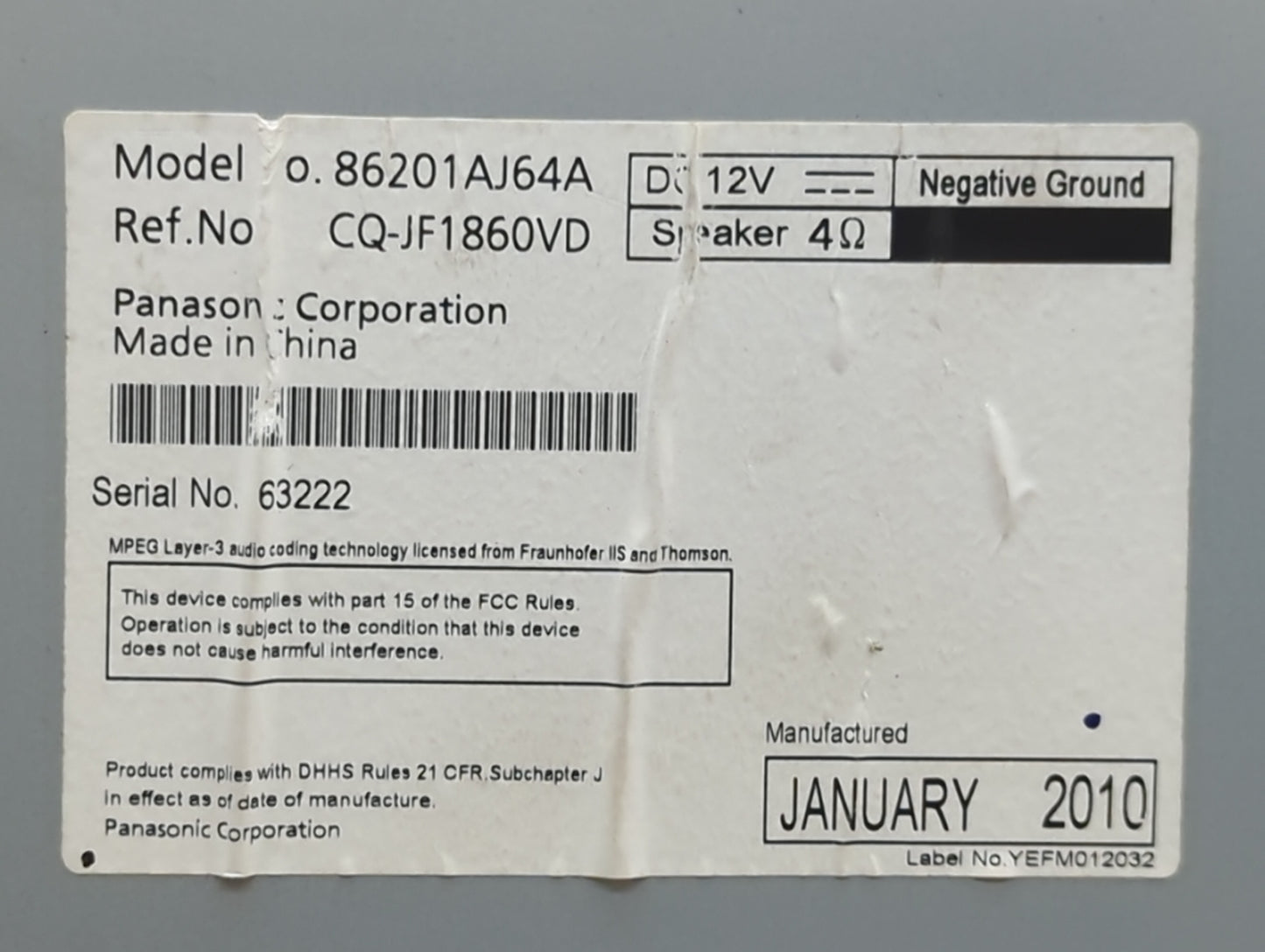 2010-2012 Subaru Legacy Radio AM FM Cd Player Receiver Replacement P/N:86201AJ64A Fits Fits 2010 2011 2012 OEM Used Auto Par