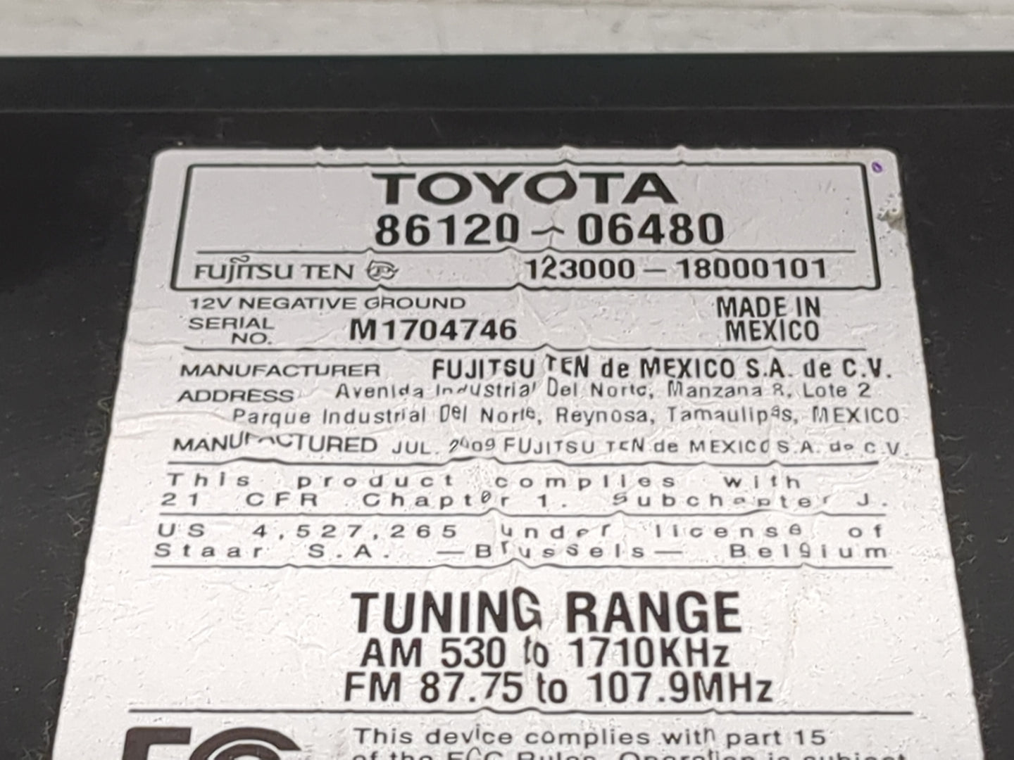 2010-2011 Toyota Camry Radio AM FM Cd Player Receiver Replacement P/N:86120-06480 123000-18000101 Fits Fits 2010 2011 OEM Us