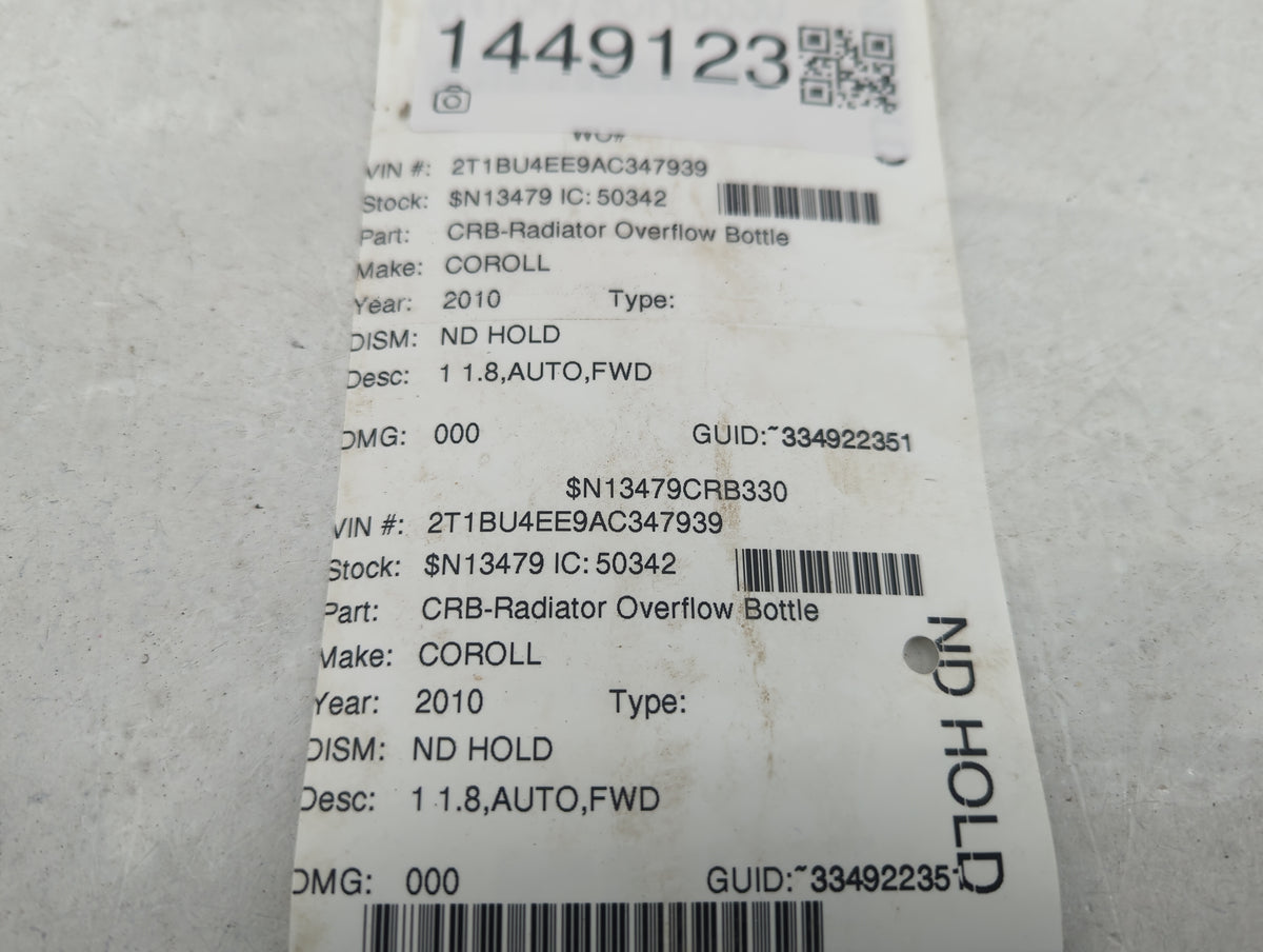 2009-2013 Toyota Corolla Radiator Coolant Overflow Expansion Tank Bottle 1449123 - Oemusedautoparts1.com