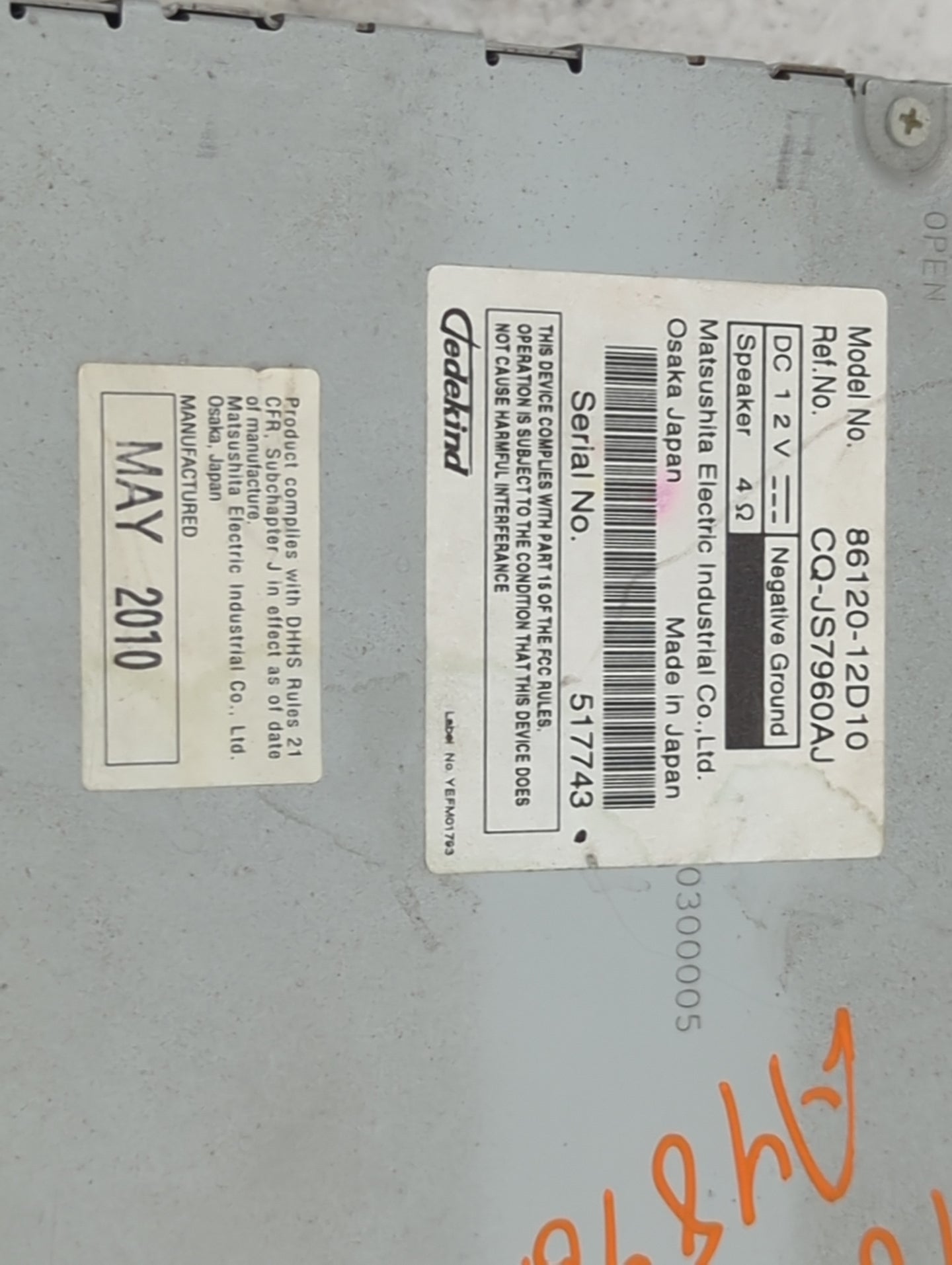 2009-2010 Toyota Corolla Radio AM FM Cd Player Receiver Replacement P/N:86120-12D10 CQ-JS7960AJ Fits Fits 2009 2010 OEM Used