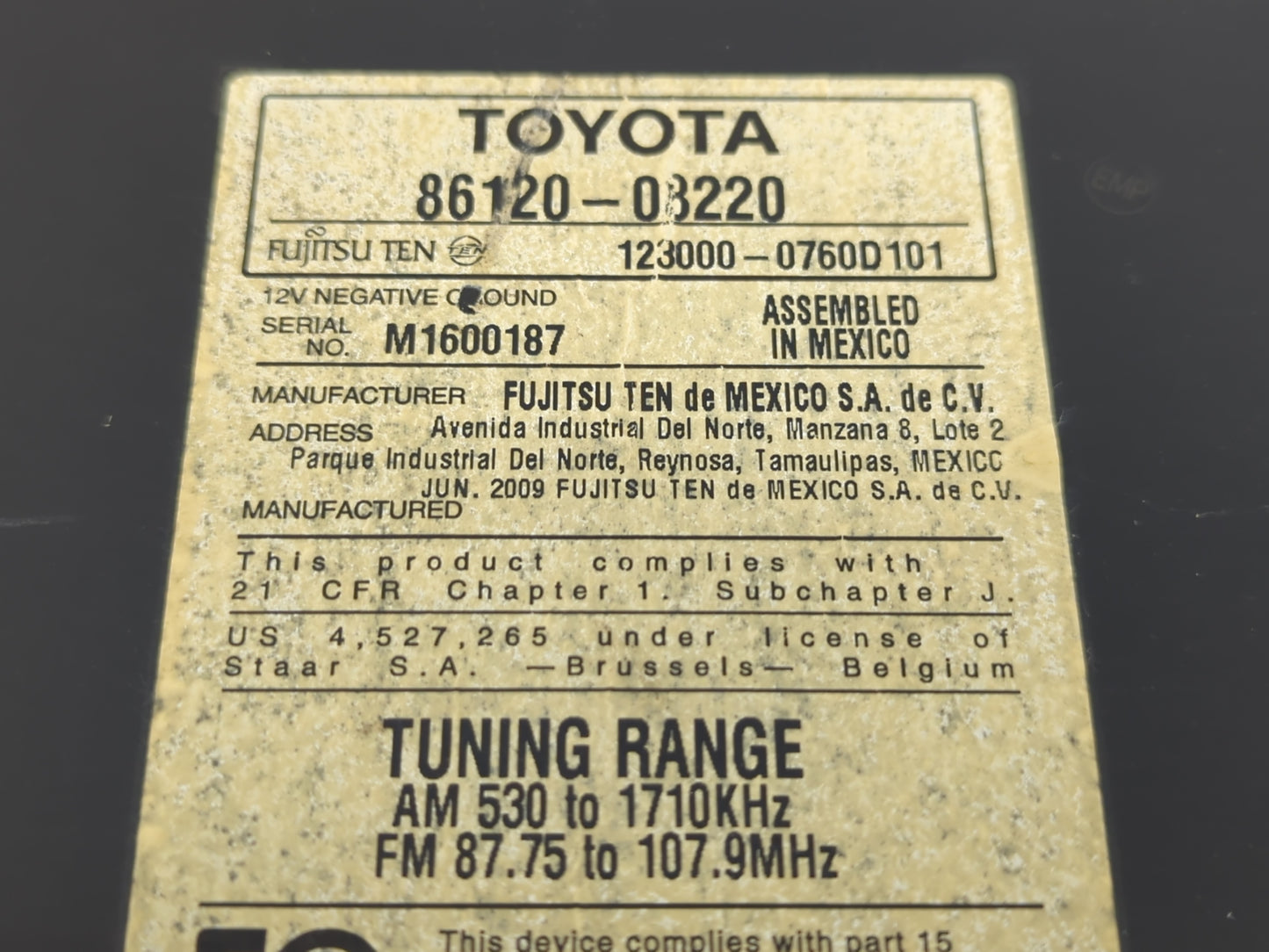 2008-2010 Toyota Sienna Radio AM FM Cd Player Receiver Replacement P/N:86120-08220 Fits Fits 2008 2009 2010 OEM Used Auto Pa