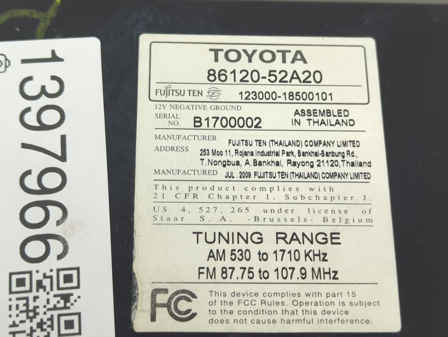 2009-2011 Toyota Yaris Radio AM FM Cd Player Receiver Replacement P/N:86120-52A20 123000-18500101 Fits Fits 2009 2010 2011 O