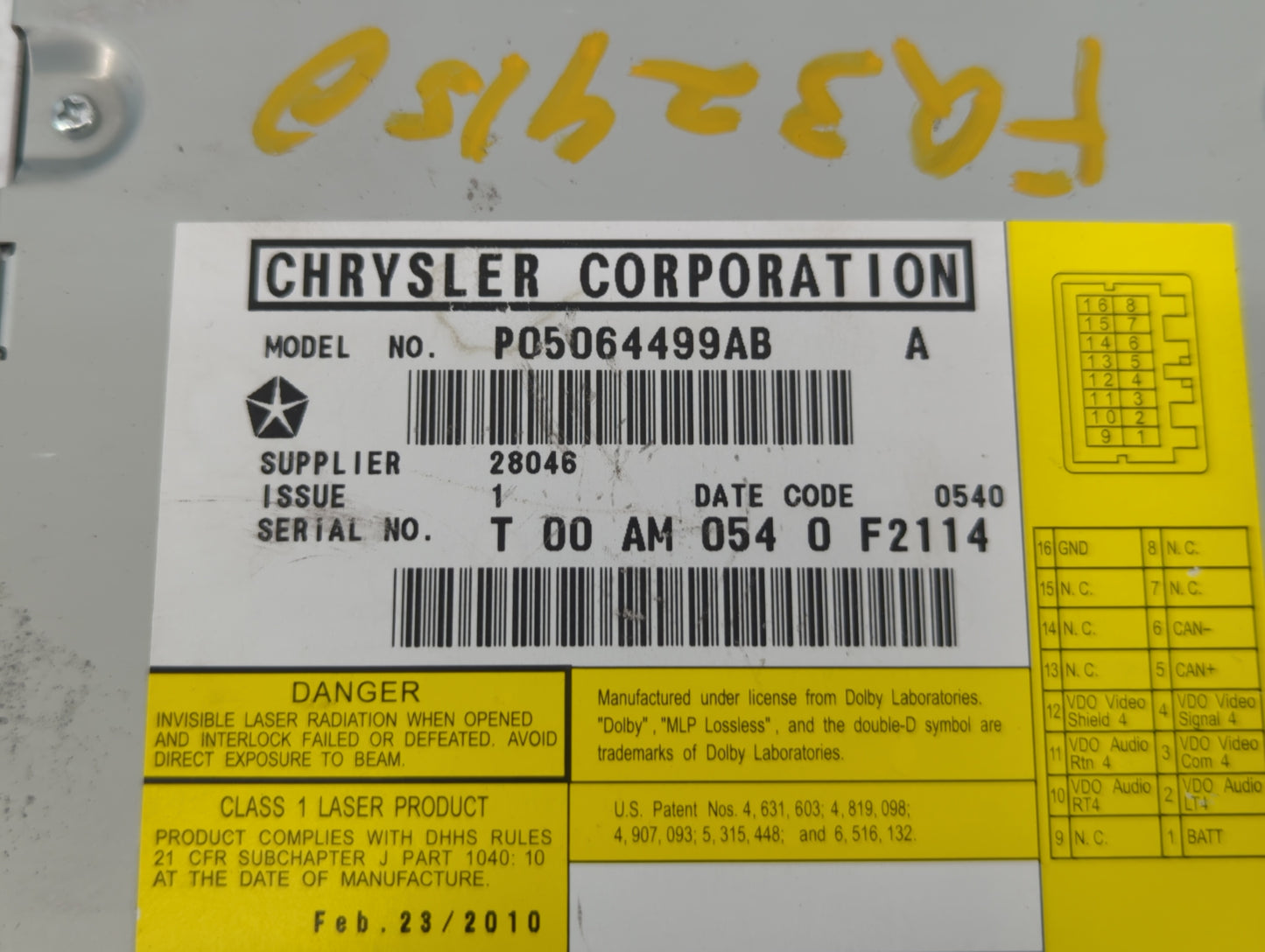 2010 Volkswagon Routan Radio AM FM Cd Player Receiver Replacement P/N:P05064499AB Fits Fits 2009 2011 2012 2013 2014 OEM Use