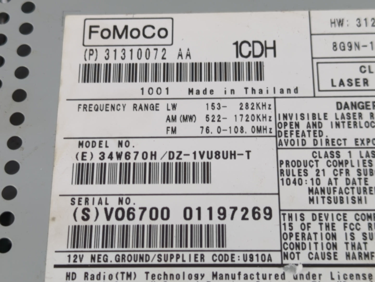 2010 Volvo V60 Radio AM FM Cd Player Receiver Replacement P/N:(P)31310072 AA Fits Fits 2009 2011 2012 OEM Used Auto Parts - 