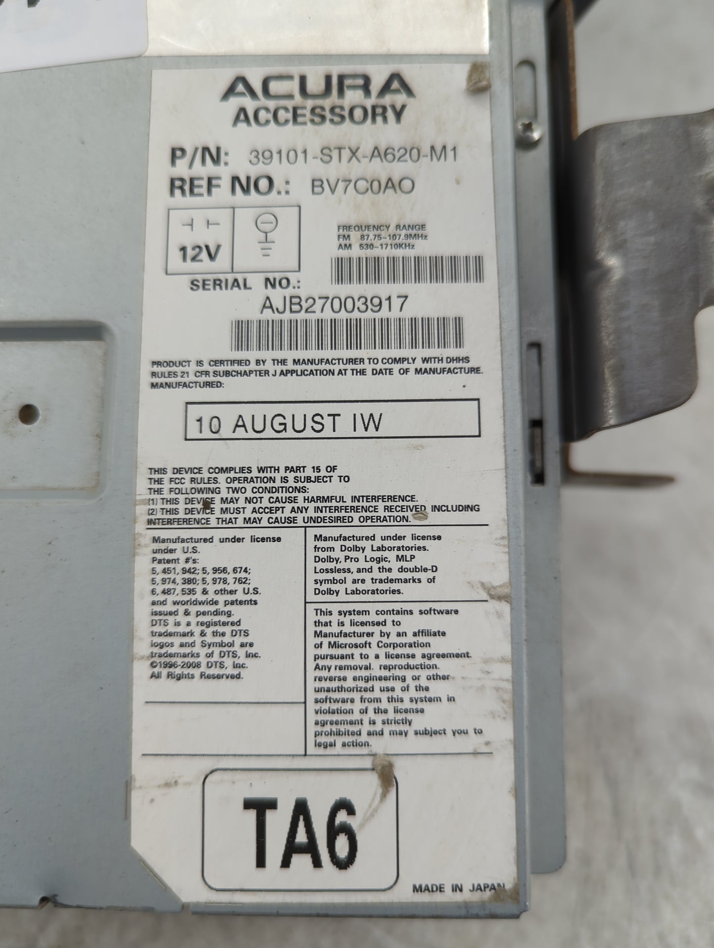 2010-2013 Acura Mdx Radio AM FM Cd Player Receiver Replacement P/N:39101-STX-A620-M1 BV7C0AO Fits Fits 2010 2011 2012 2013 O