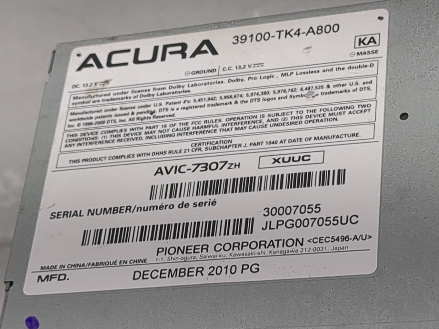 2010-2011 Acura Tl Radio AM FM Cd Player Receiver Replacement P/N:39100-TK4-A800 AVIC-7307ZH Fits Fits 2010 2011 OEM Used Au