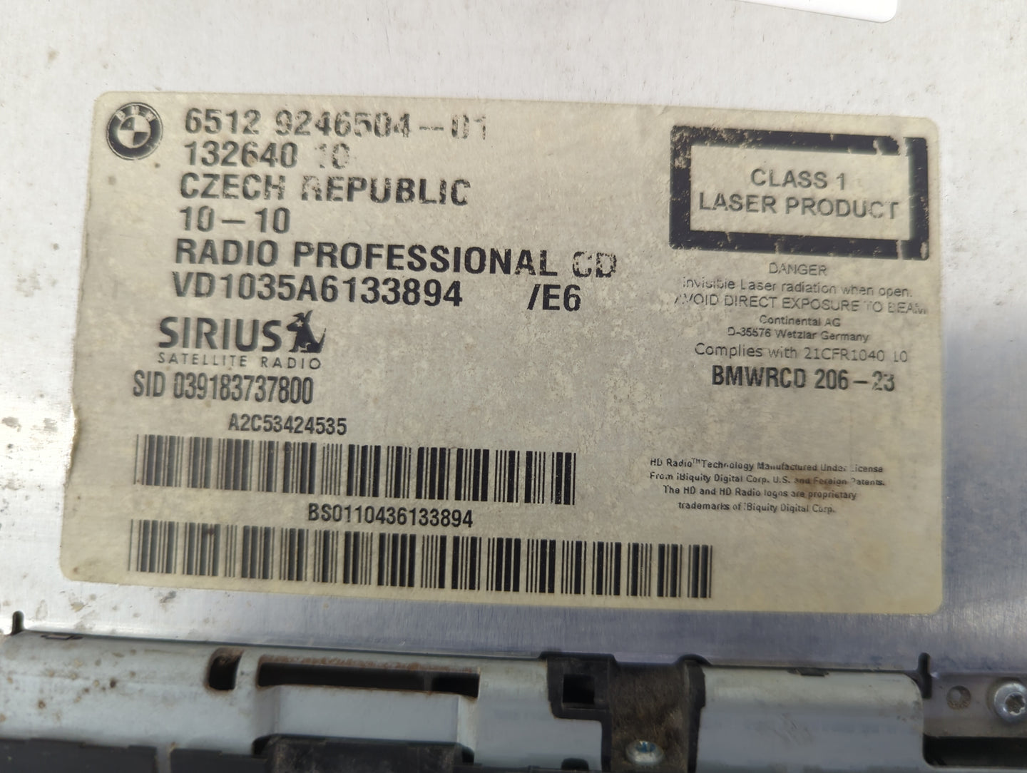 2010-2013 Bmw 328 Radio AM FM Cd Player Receiver Replacement P/N:9246504-01 VD1035A6133894 Fits OEM Used Auto Parts - Oemuse