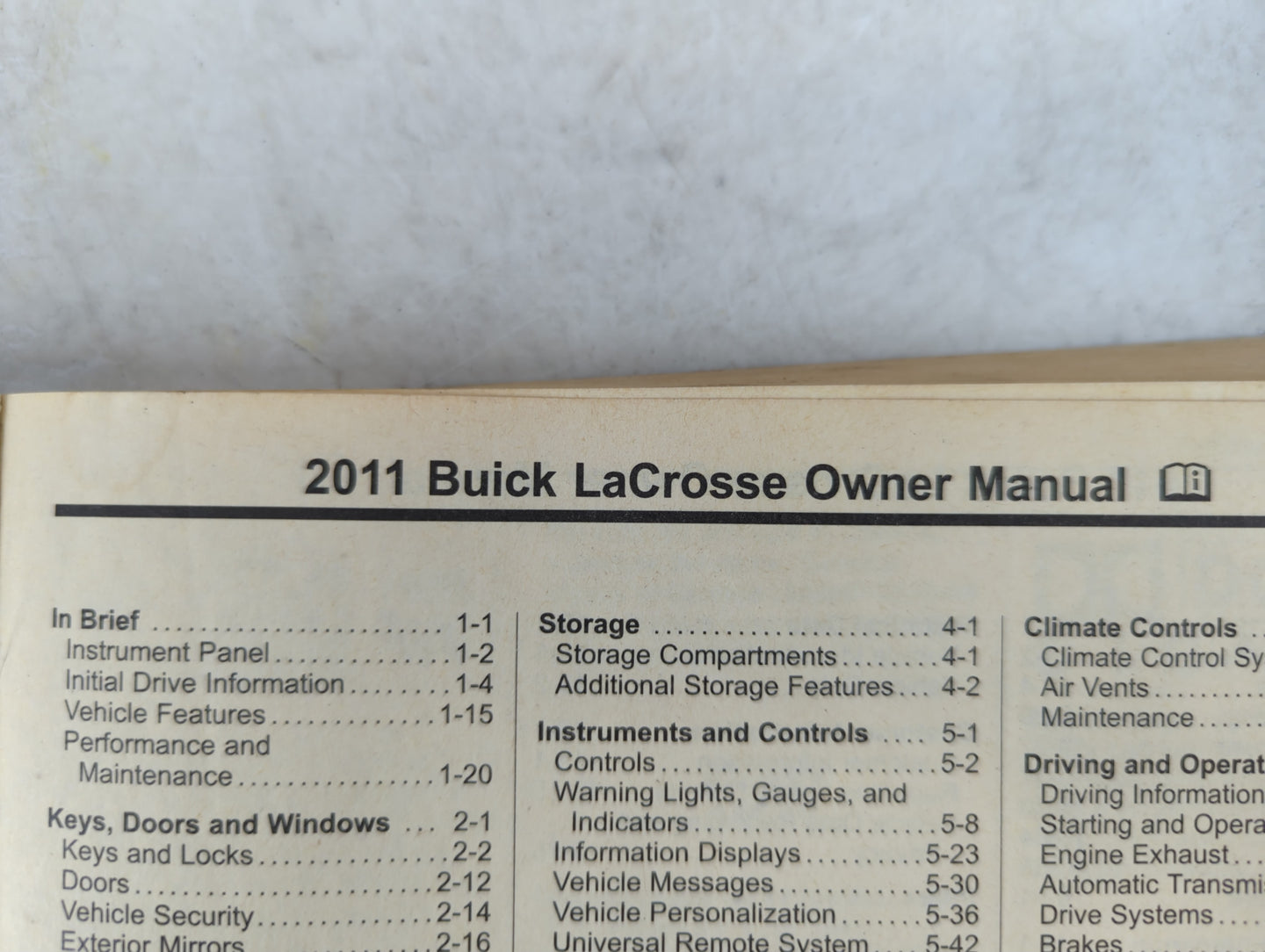 2011 Buick Lacrosse Owners Manual Book Guide P/N:20859621 OEM Used Auto Parts - Oemusedautoparts1.com