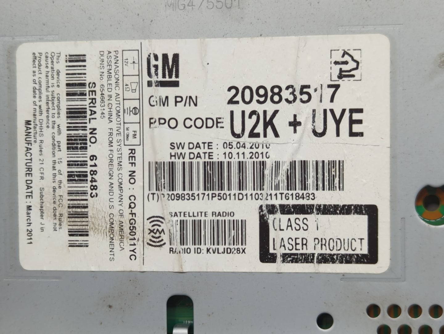 2011-2012 Buick Lacrosse Radio AM FM Cd Player Receiver Replacement P/N:20983517 Fits Fits 2010 2011 2012 OEM Used Auto Part