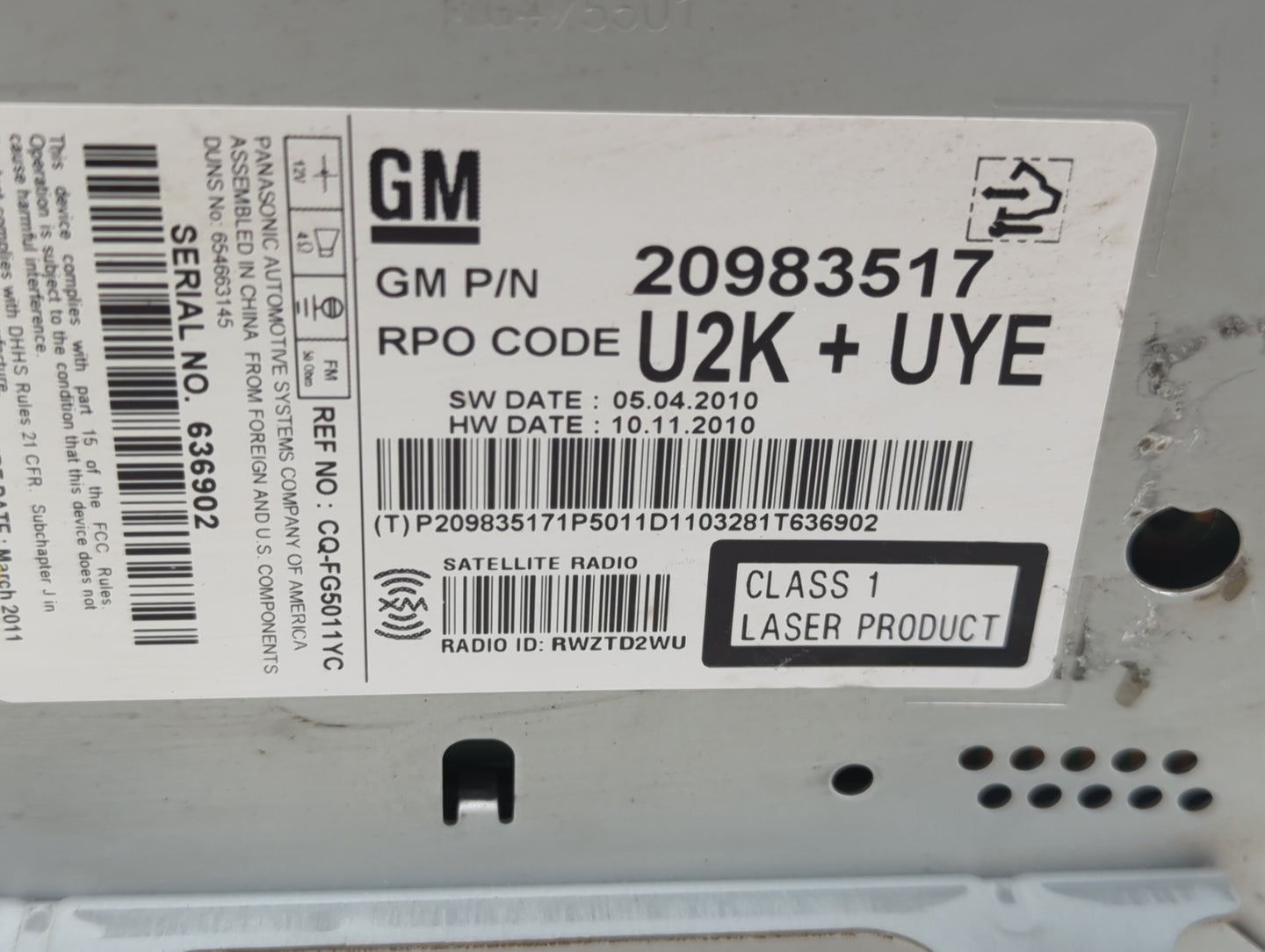 2010-2011 Buick Lacrosse Radio AM FM Cd Player Receiver Replacement P/N:20983517 Fits Fits 2010 2011 2012 OEM Used Auto Part