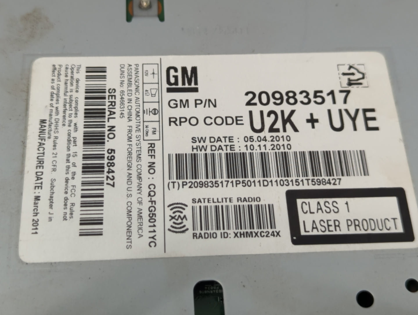 2011-2012 Buick Lacrosse Radio AM FM Cd Player Receiver Replacement P/N:20983517 Fits Fits 2010 2011 2012 OEM Used Auto Part