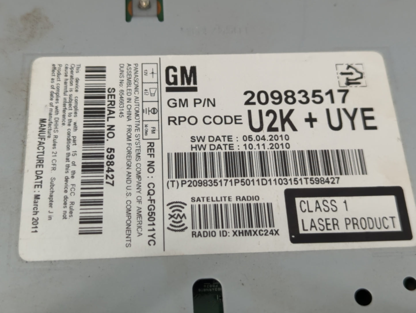 2011-2012 Buick Lacrosse Radio AM FM Cd Player Receiver Replacement P/N:20983517 Fits Fits 2010 2011 2012 OEM Used Auto Part