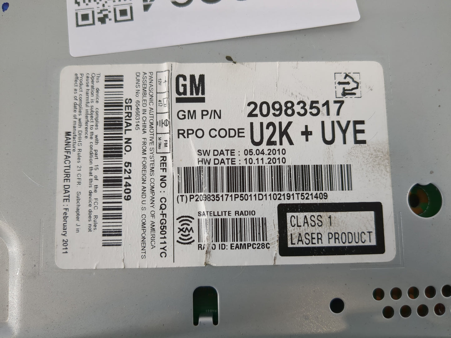 2011 Buick Regal Radio AM FM Cd Player Receiver Replacement P/N:20983517 Fits Fits 2010 OEM Used Auto Parts - Oemusedautopar