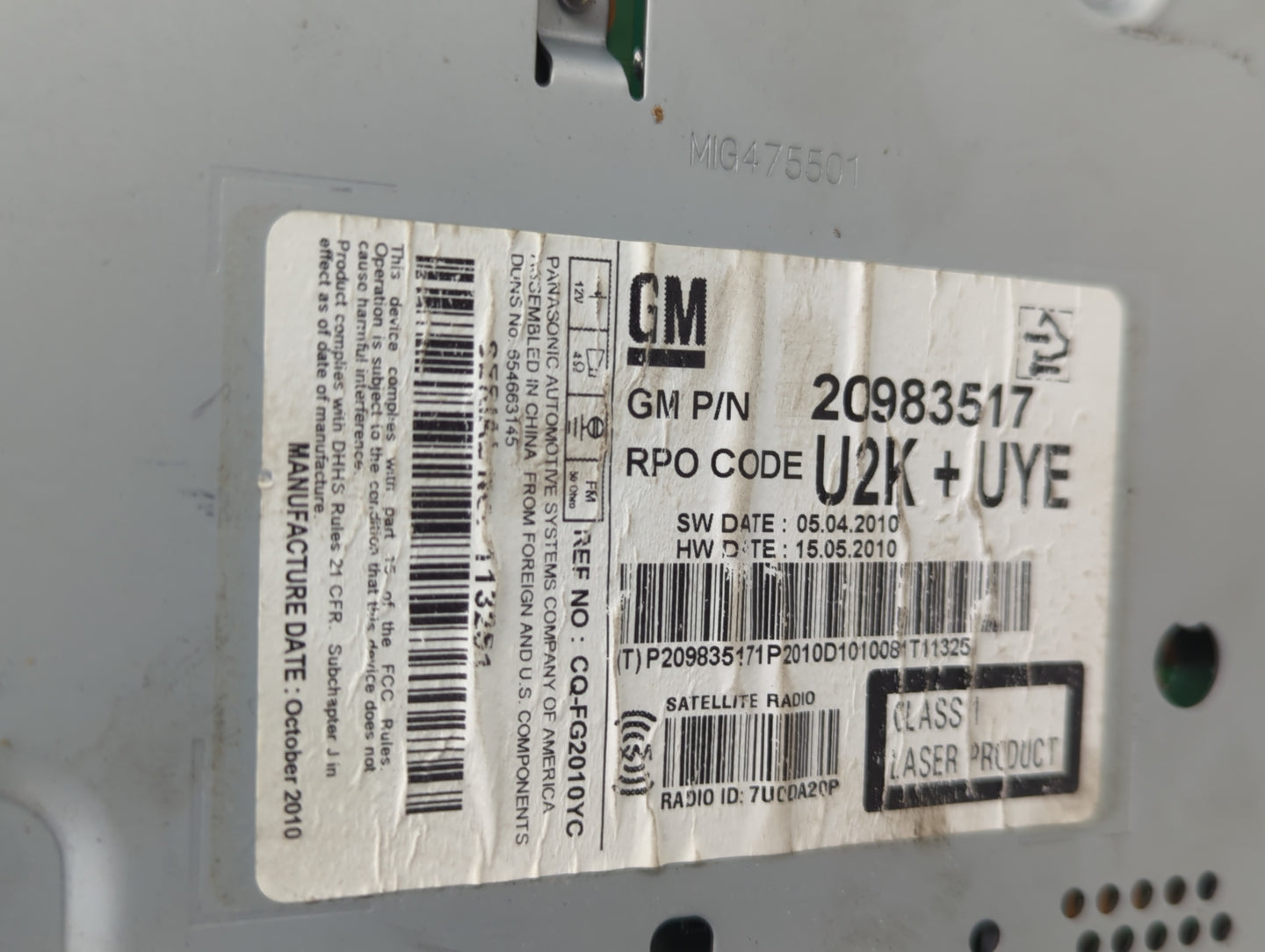 2011 Buick Regal Radio AM FM Cd Player Receiver Replacement P/N:20983517 Fits Fits 2010 OEM Used Auto Parts - Oemusedautopar