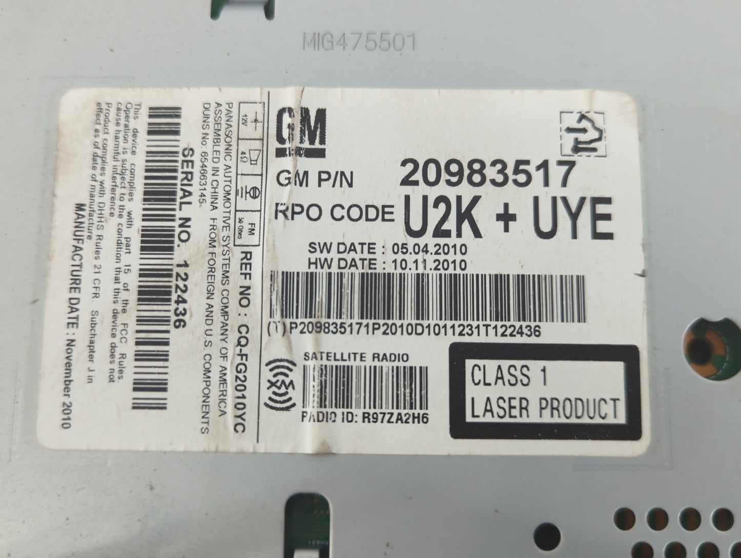 2011 Buick Regal Radio AM FM Cd Player Receiver Replacement P/N:20983517 Fits Fits 2010 OEM Used Auto Parts - Oemusedautopar
