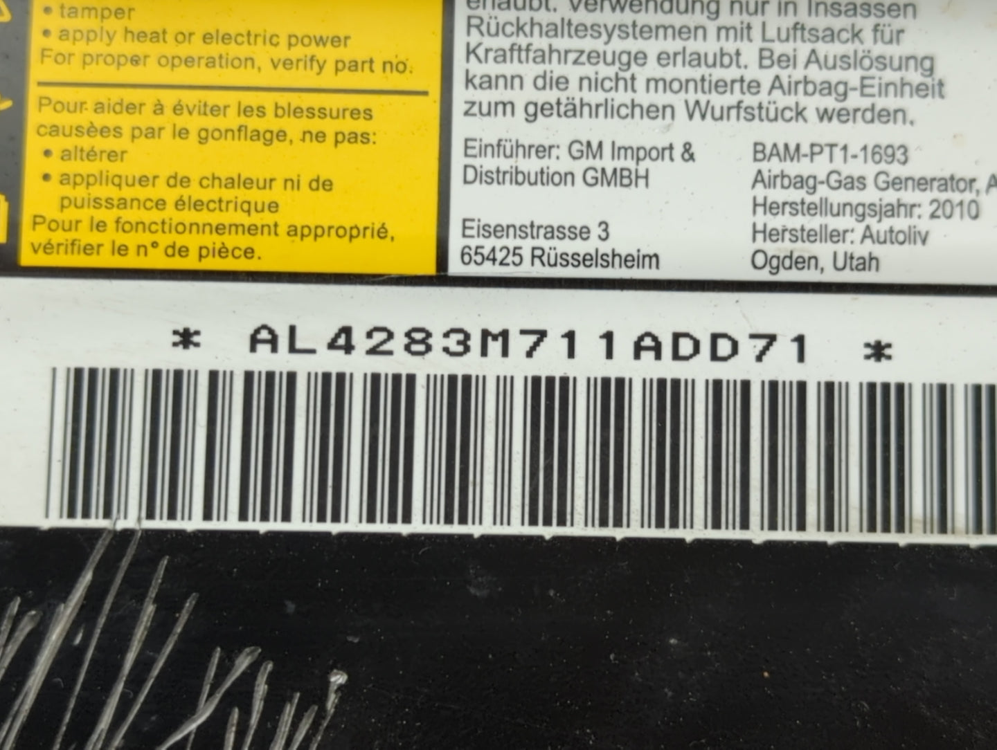 2011 Cadillac Cts Air Bag Passenger Right Dashboard OEM P/N:620310300 Fits OEM Used Auto Parts - Oemusedautoparts1.com