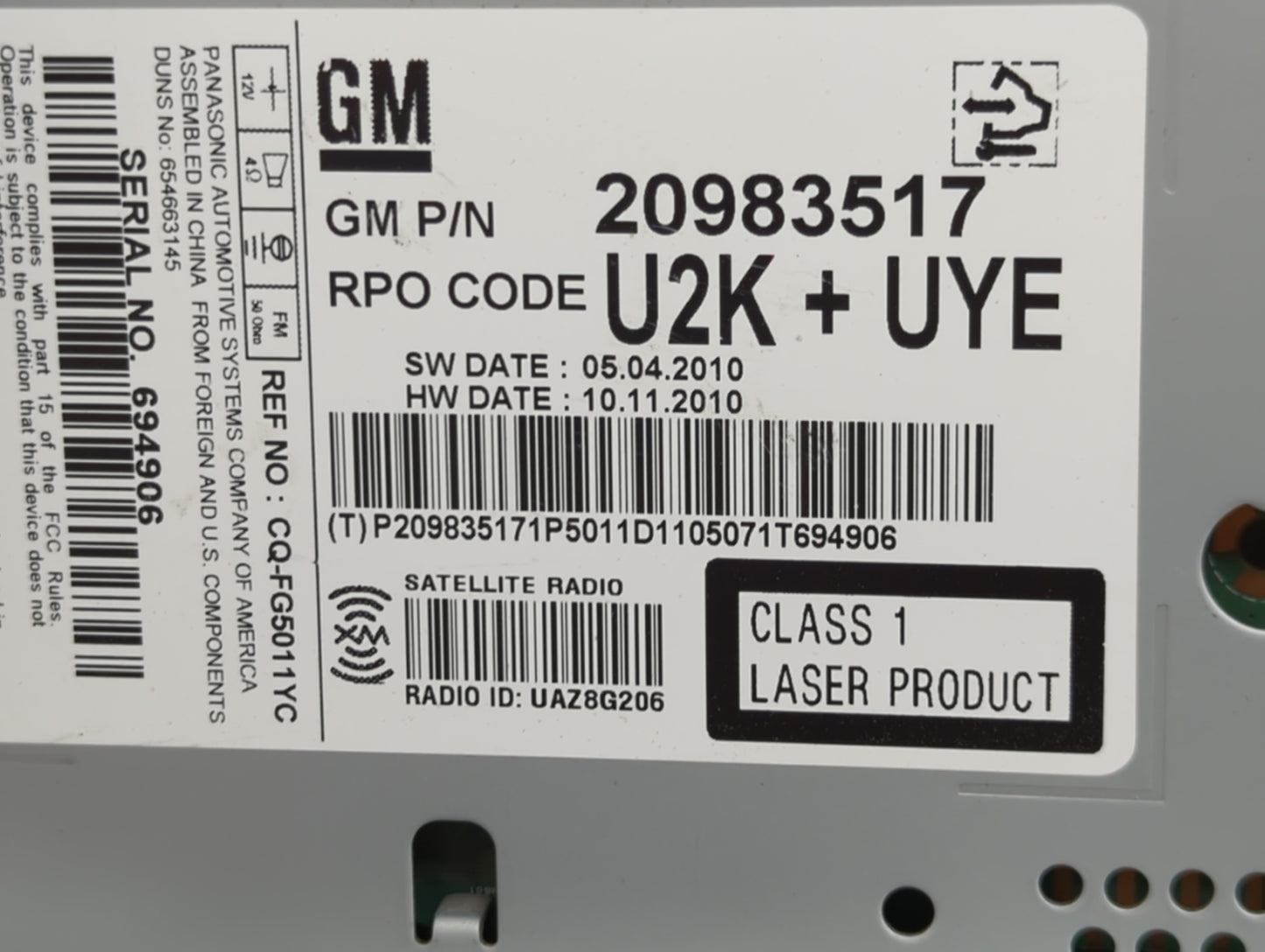 2011 Chevrolet Camaro Radio AM FM Cd Player Receiver Replacement P/N:20983517 CQ-FG5011YC Fits OEM Used Auto Parts - Oemused
