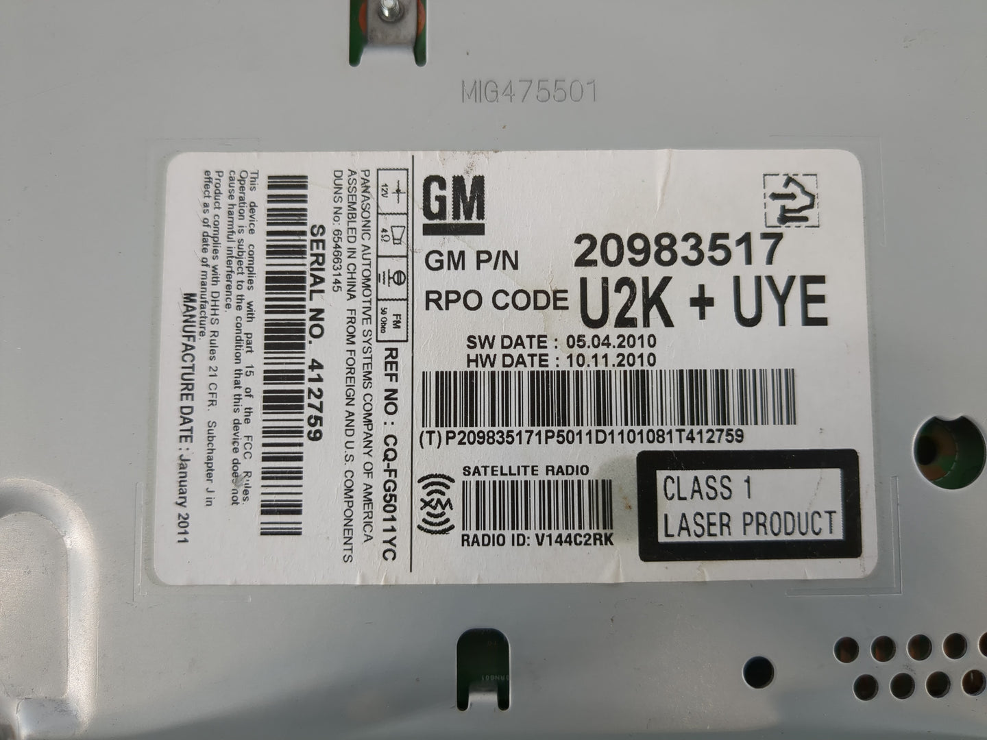 2011-2012 Chevrolet Cruze Radio AM FM Cd Player Receiver Replacement P/N:20983517 Fits Fits 2010 2011 2012 OEM Used Auto Par