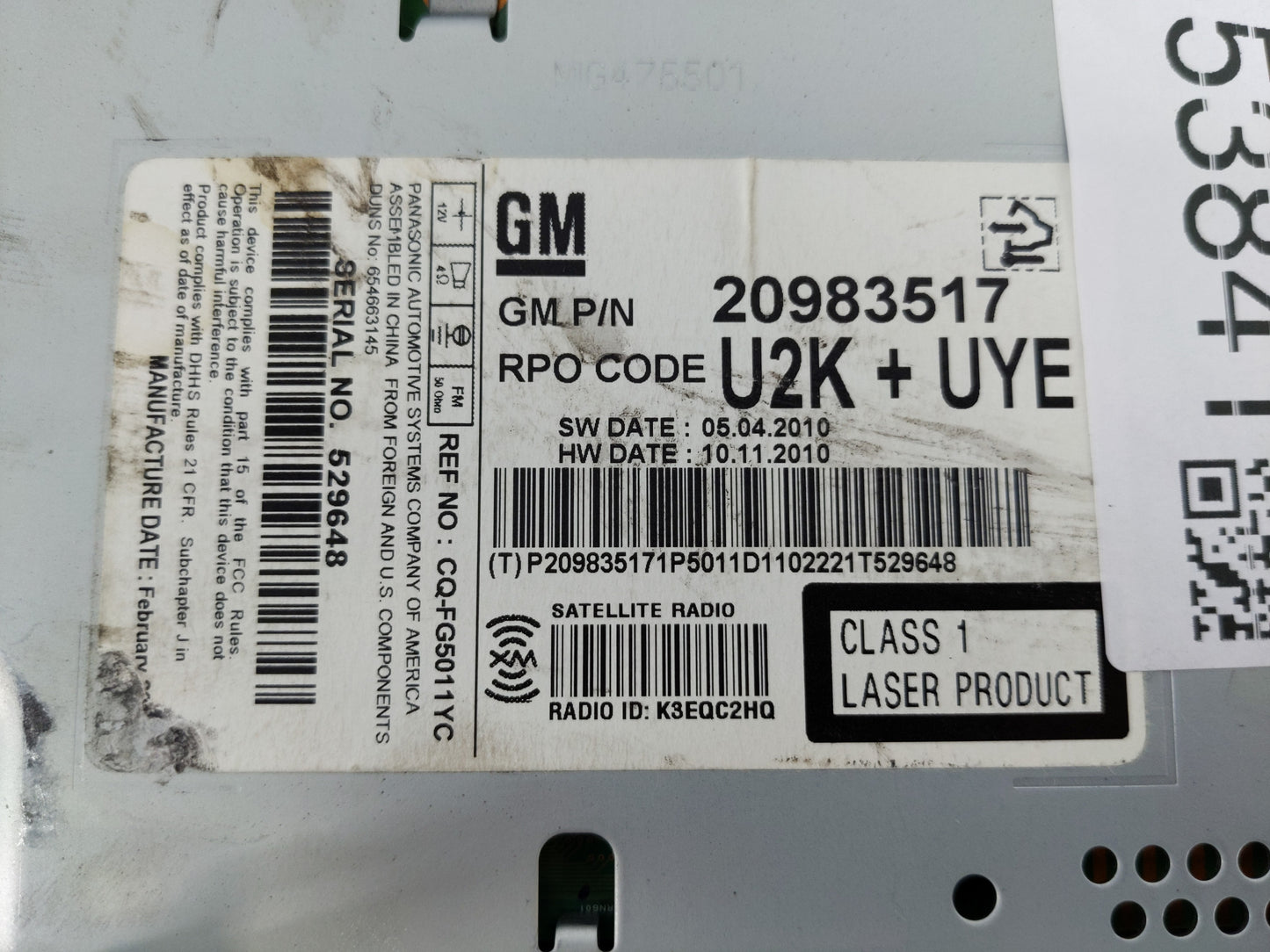 2011-2012 Chevrolet Cruze Radio AM FM Cd Player Receiver Replacement P/N:20983517 Fits Fits 2010 2011 2012 OEM Used Auto Par