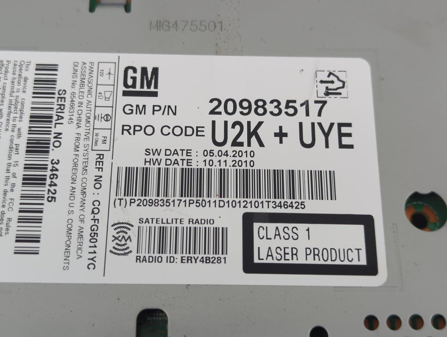 2011-2012 Chevrolet Cruze Radio AM FM Cd Player Receiver Replacement P/N:20983517 Fits Fits 2010 2011 2012 OEM Used Auto Par