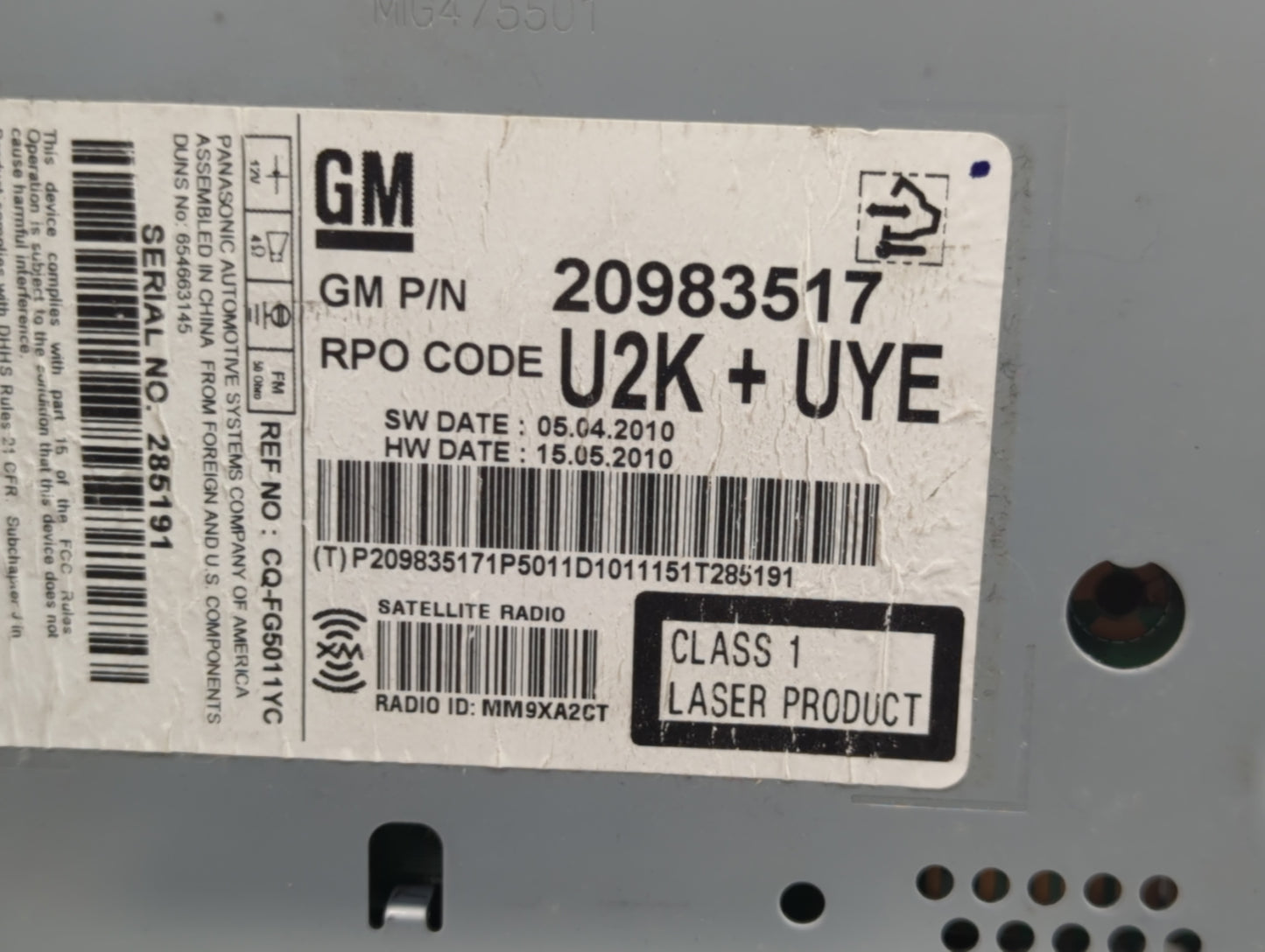 2011-2012 Chevrolet Cruze Radio AM FM Cd Player Receiver Replacement P/N:20983517 Fits Fits 2010 2011 2012 OEM Used Auto Par