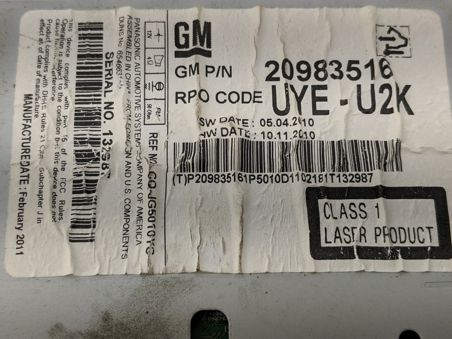 2011-2012 Chevrolet Cruze Radio AM FM Cd Player Receiver Replacement P/N:20983516 Fits Fits 2010 2011 2012 OEM Used Auto Par