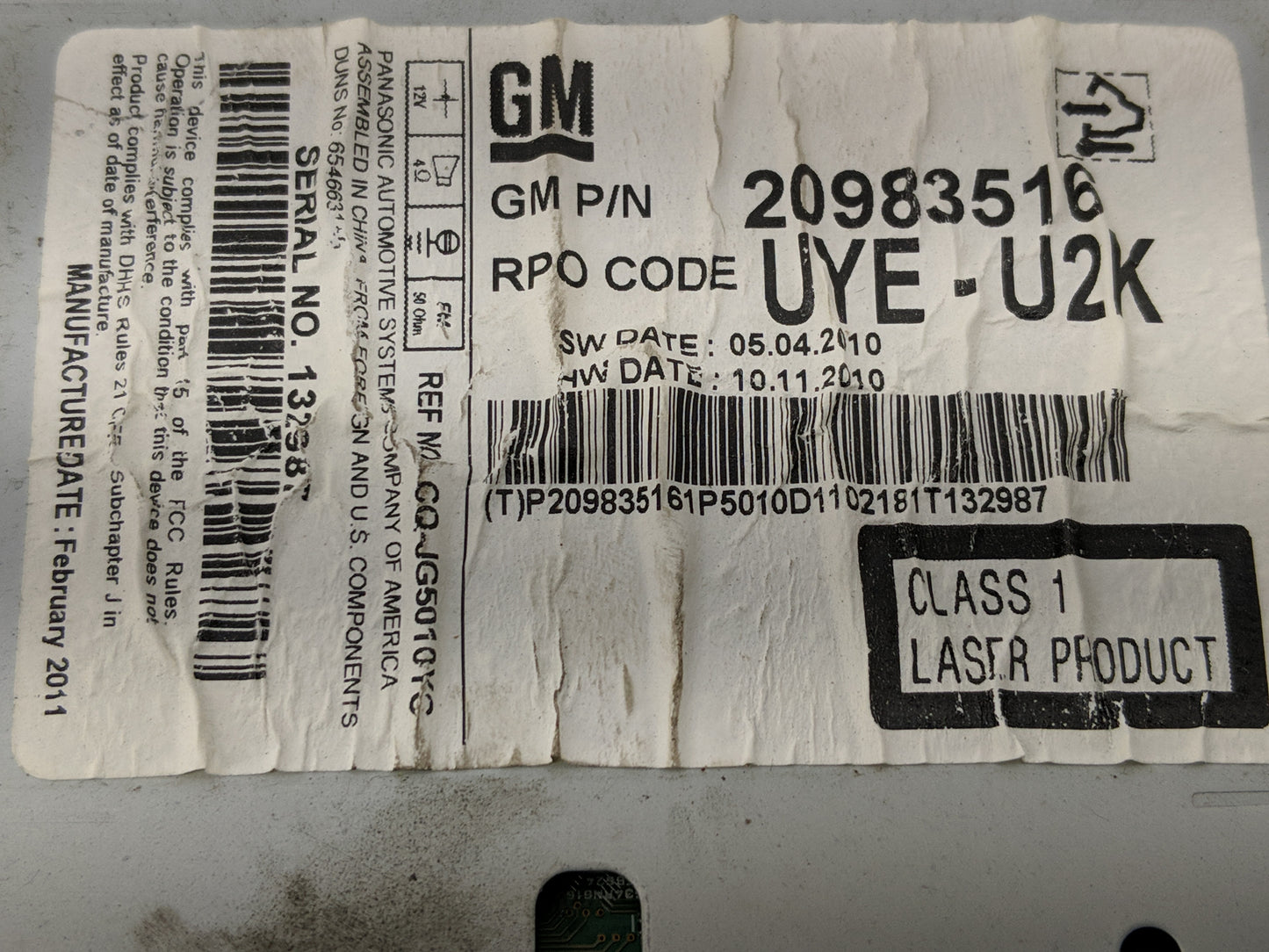 2011-2012 Chevrolet Cruze Radio AM FM Cd Player Receiver Replacement P/N:20983516 Fits Fits 2010 2011 2012 OEM Used Auto Par