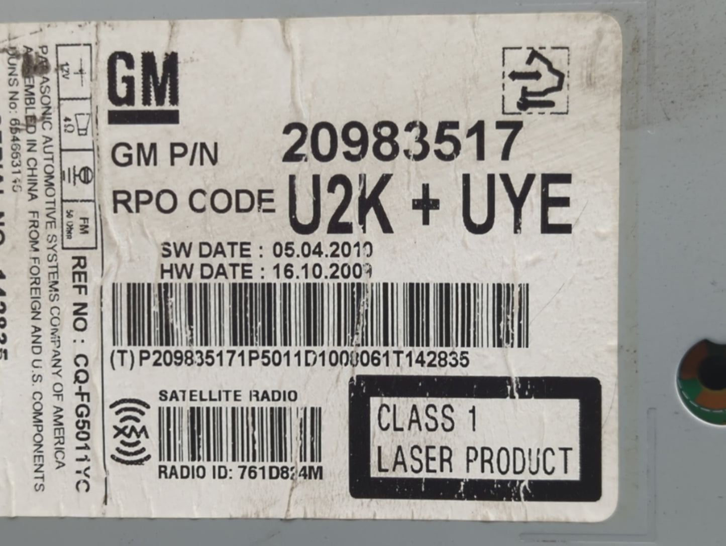 2011-2012 Chevrolet Cruze Radio AM FM Cd Player Receiver Replacement P/N:20983517 CQ-FG5011YC Fits Fits 2010 2011 2012 OEM U