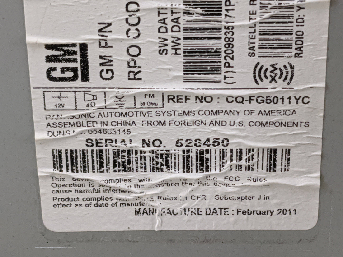 2011-2012 Chevrolet Cruze Radio AM FM Cd Player Receiver Replacement P/N:20983517 CQ-FG5011YC Fits Fits 2010 2011 2012 OEM U