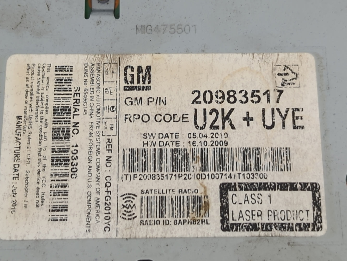 2011-2012 Chevrolet Cruze Radio AM FM Cd Player Receiver Replacement P/N:20983517 CQ-FG2010YC Fits Fits 2010 2011 2012 OEM U