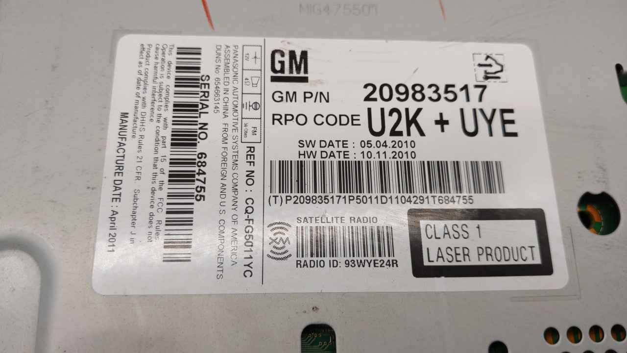 2011 Chevrolet Cruze Am Fm Cd Player Radio Receiver - Oemusedautoparts1.com