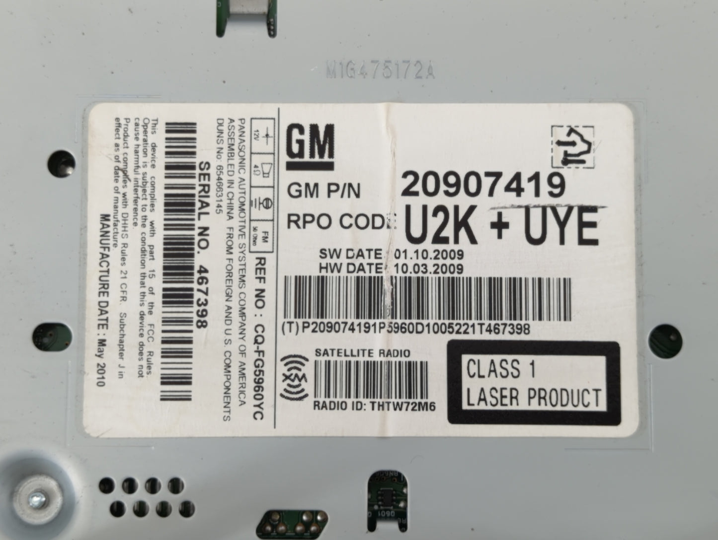 2011-2012 Chevrolet Cruze Radio AM FM Cd Player Receiver Replacement P/N:20907419 Fits Fits 2010 2011 2012 OEM Used Auto Par