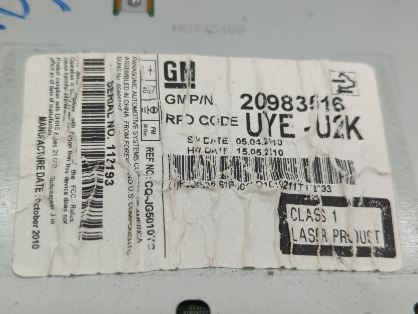 2011 Chevrolet Cruze Radio AM FM Cd Player Receiver Replacement P/N:20983517 20983516 Fits OEM Used Auto Parts - Oemusedauto