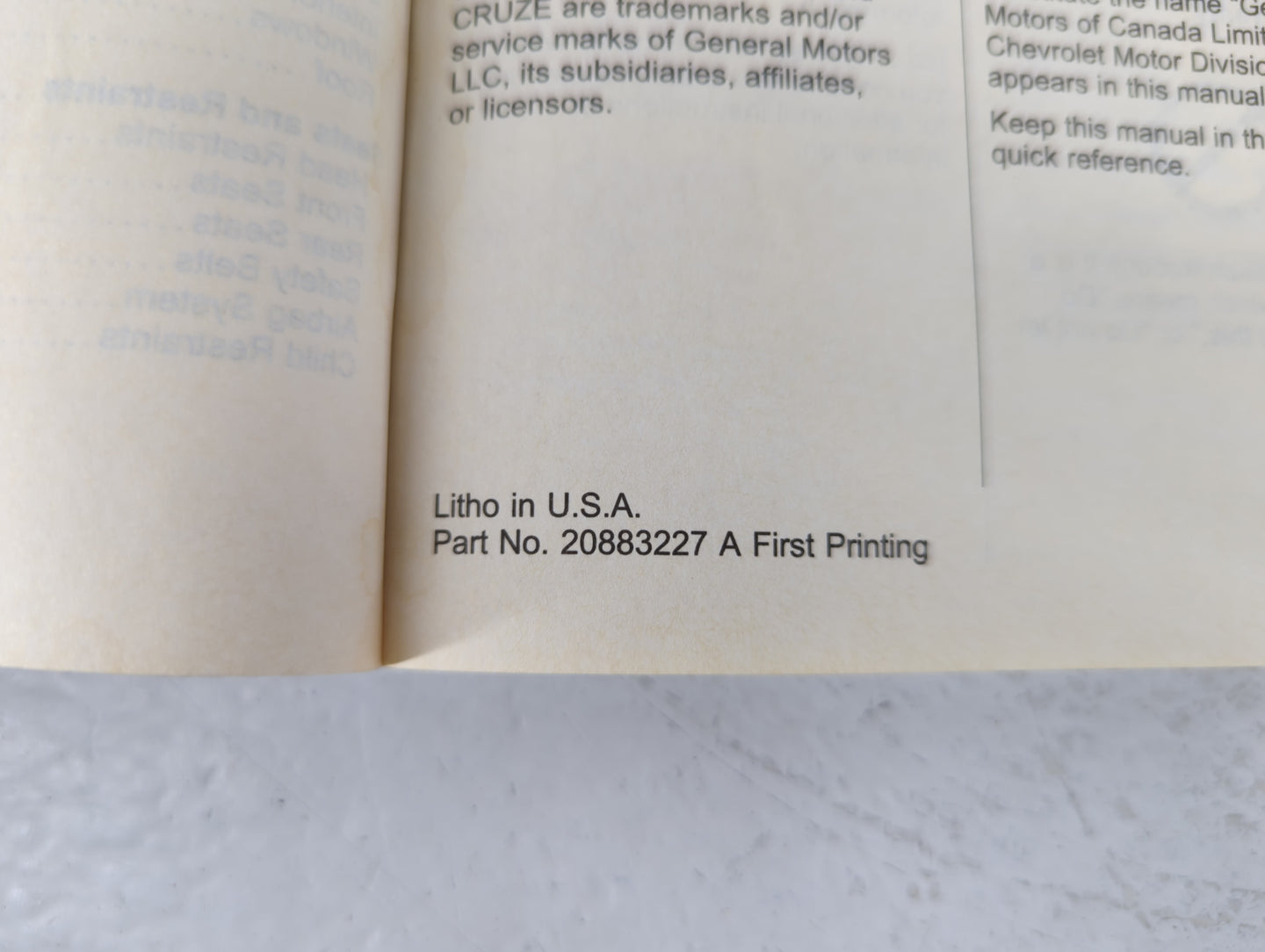 2011 Chevrolet Cruze Owners Manual Book Guide P/N:20883227 A OEM Used Auto Parts - Oemusedautoparts1.com